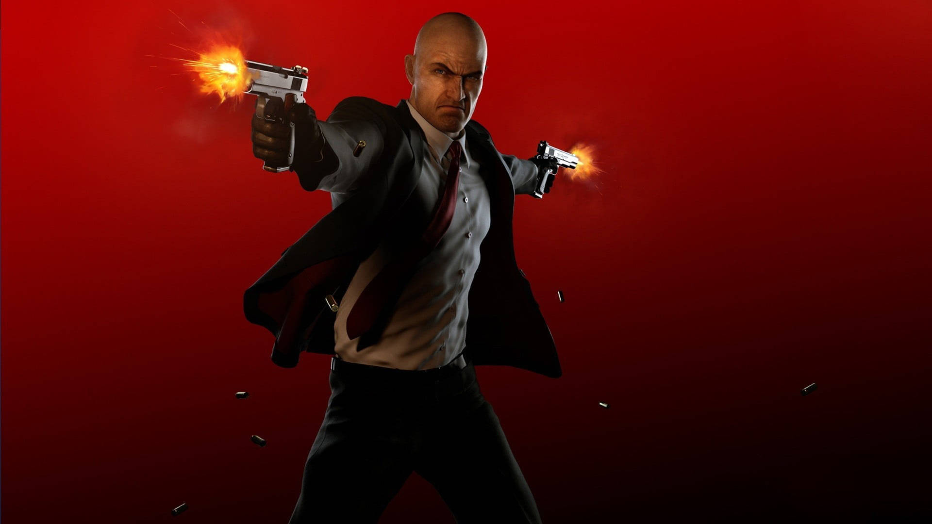 Hitmanin Voller 4k-auflösung Mit Zwillingspistolen Auf Rotem Hintergrund Wallpaper