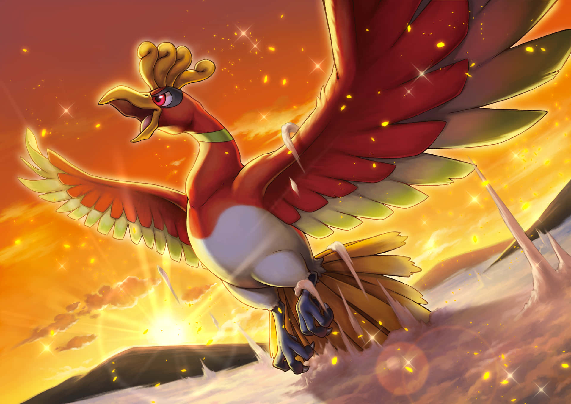 Ho-Oh Rising Above Clouds Wallpaper