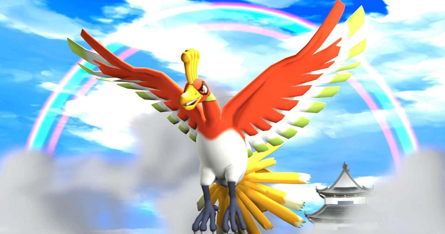 Ho-Oh With Rainbow And Clouds Wallpaper