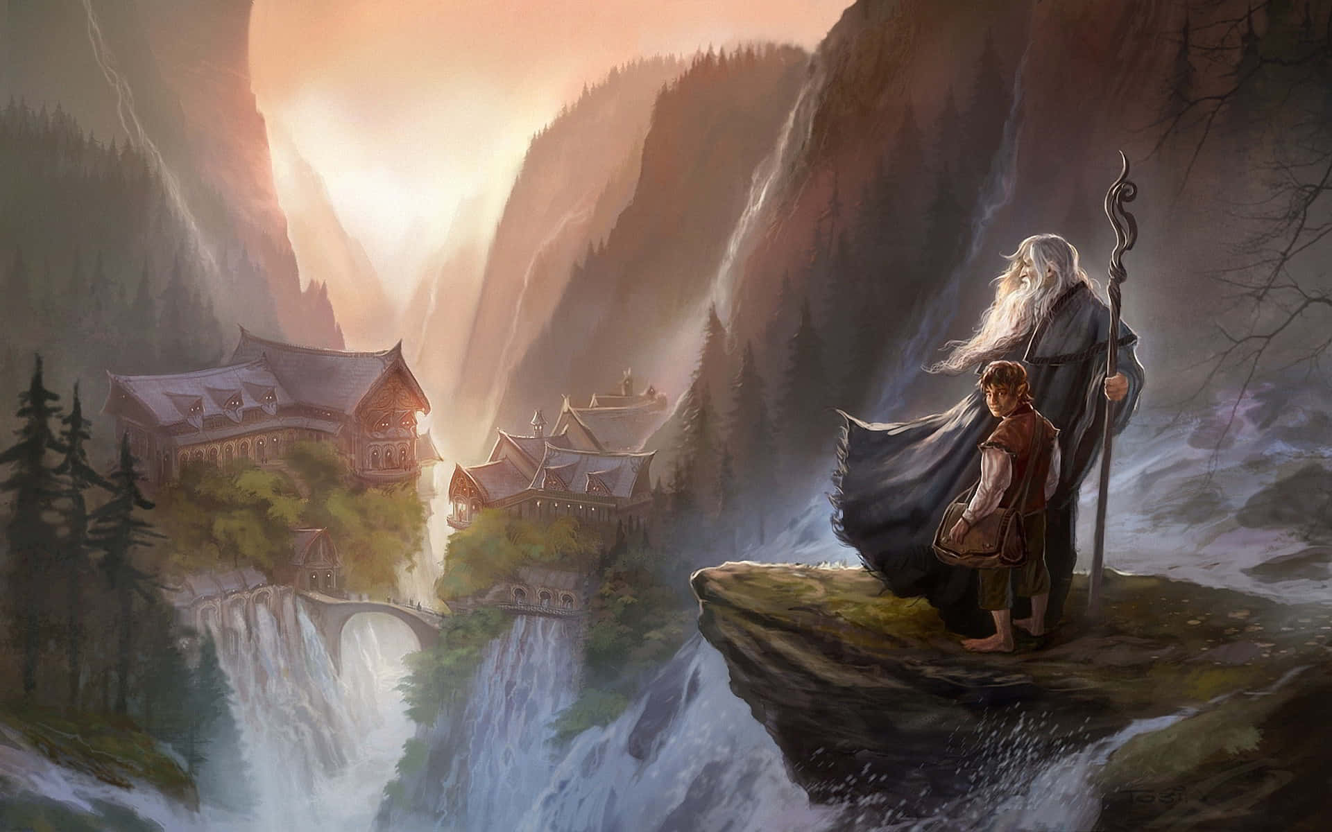 Hobbitand Wizard Overlooking Mountain Kingdom Wallpaper