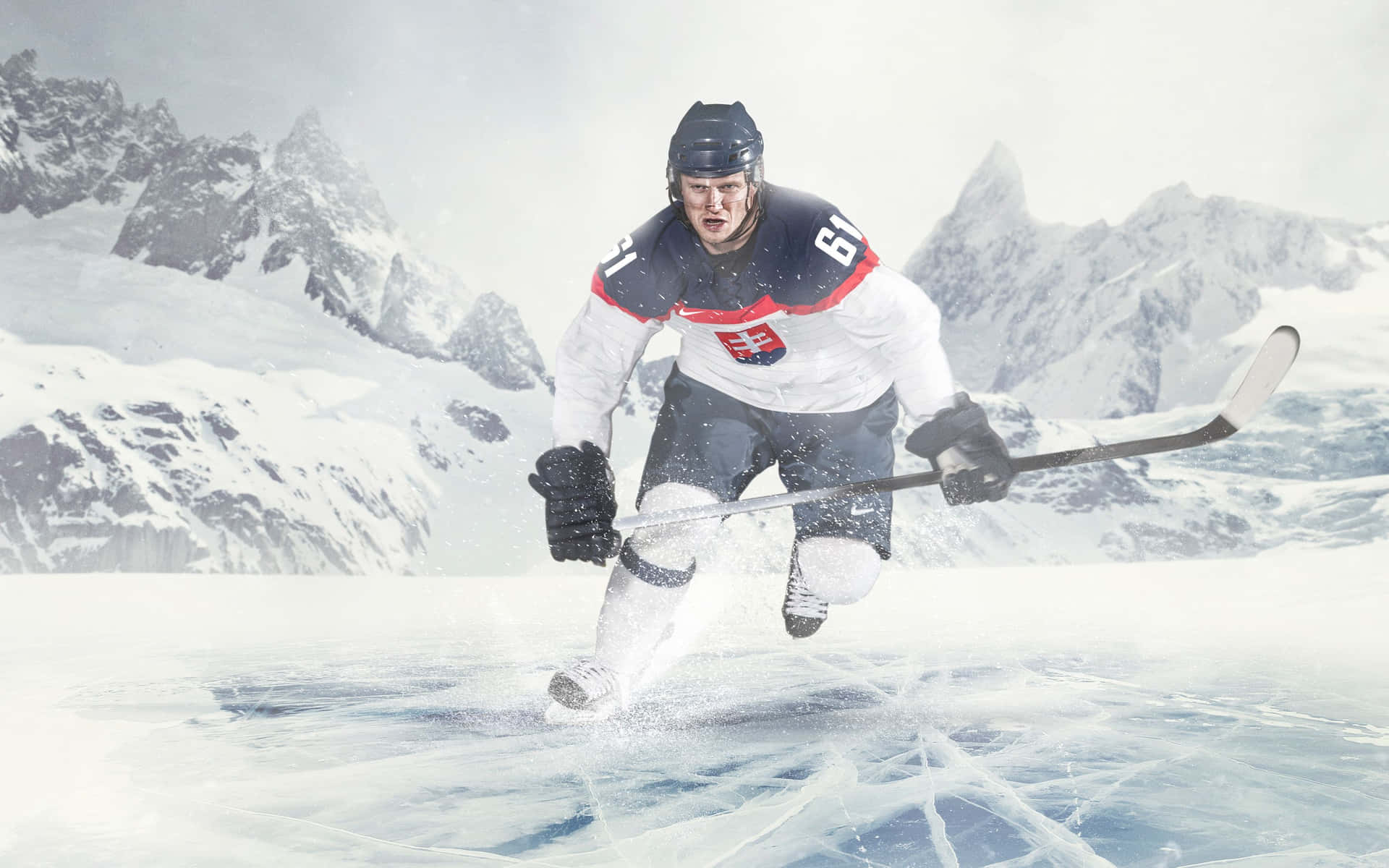 A Hockey Player Is Running On A Snowy Ice