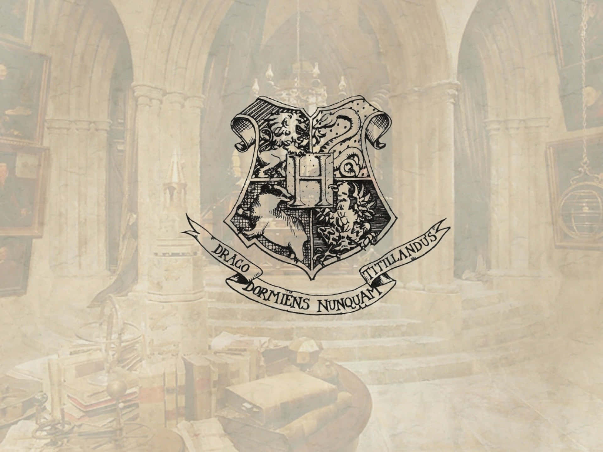 Majestic Hogwarts Crest featuring the four houses Wallpaper