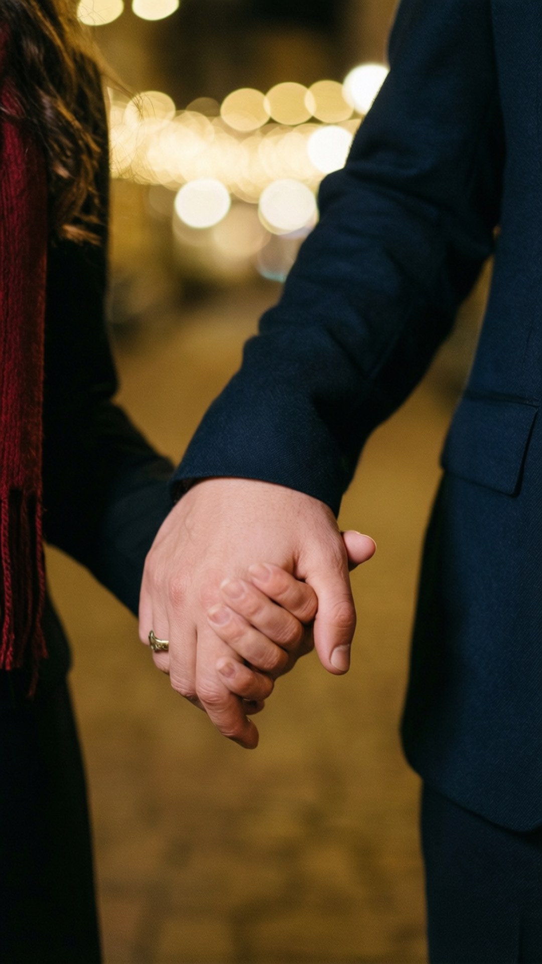 Handen vasthouden Achtergronden — Een close-up van de handen van een stel die 's nachts in elkaar verstrengeld zijn met warme bokeh-lichten op de achtergrond.