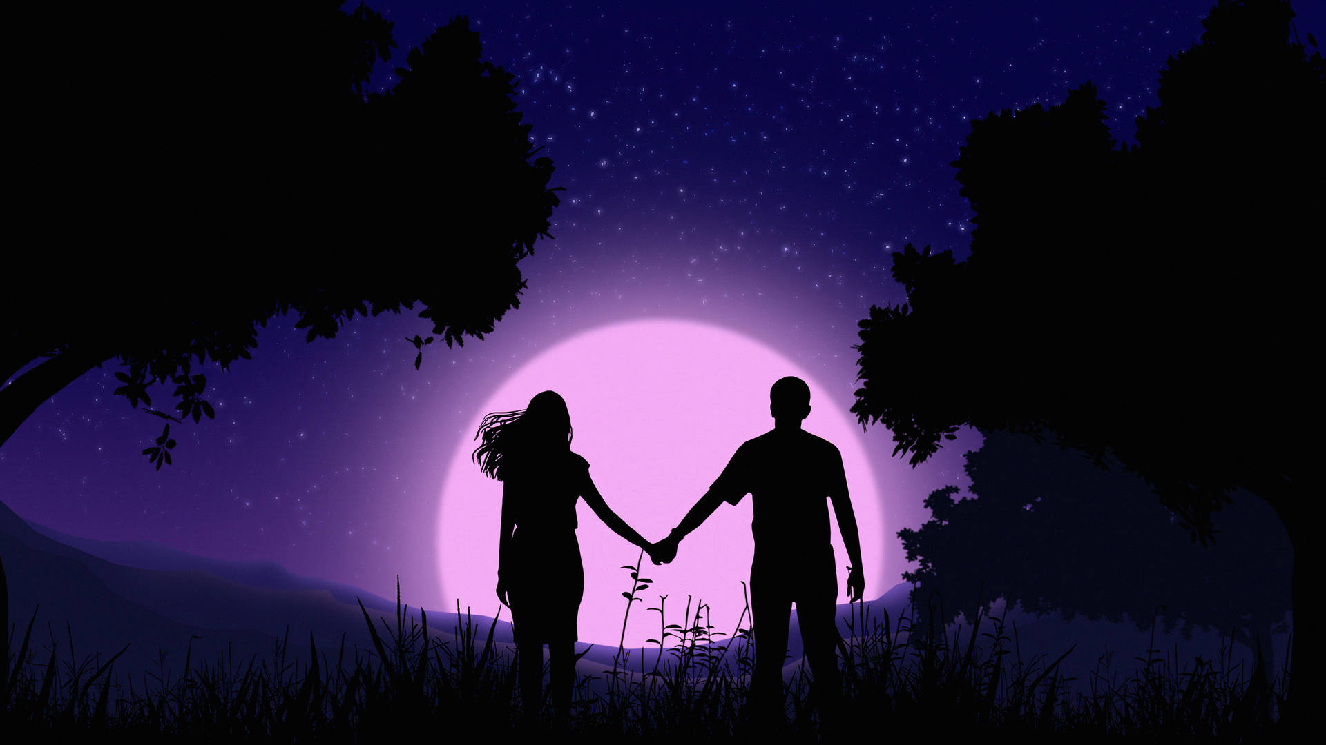 Holding Hands Silhouette In Purple Sky Digital Art Wallpaper