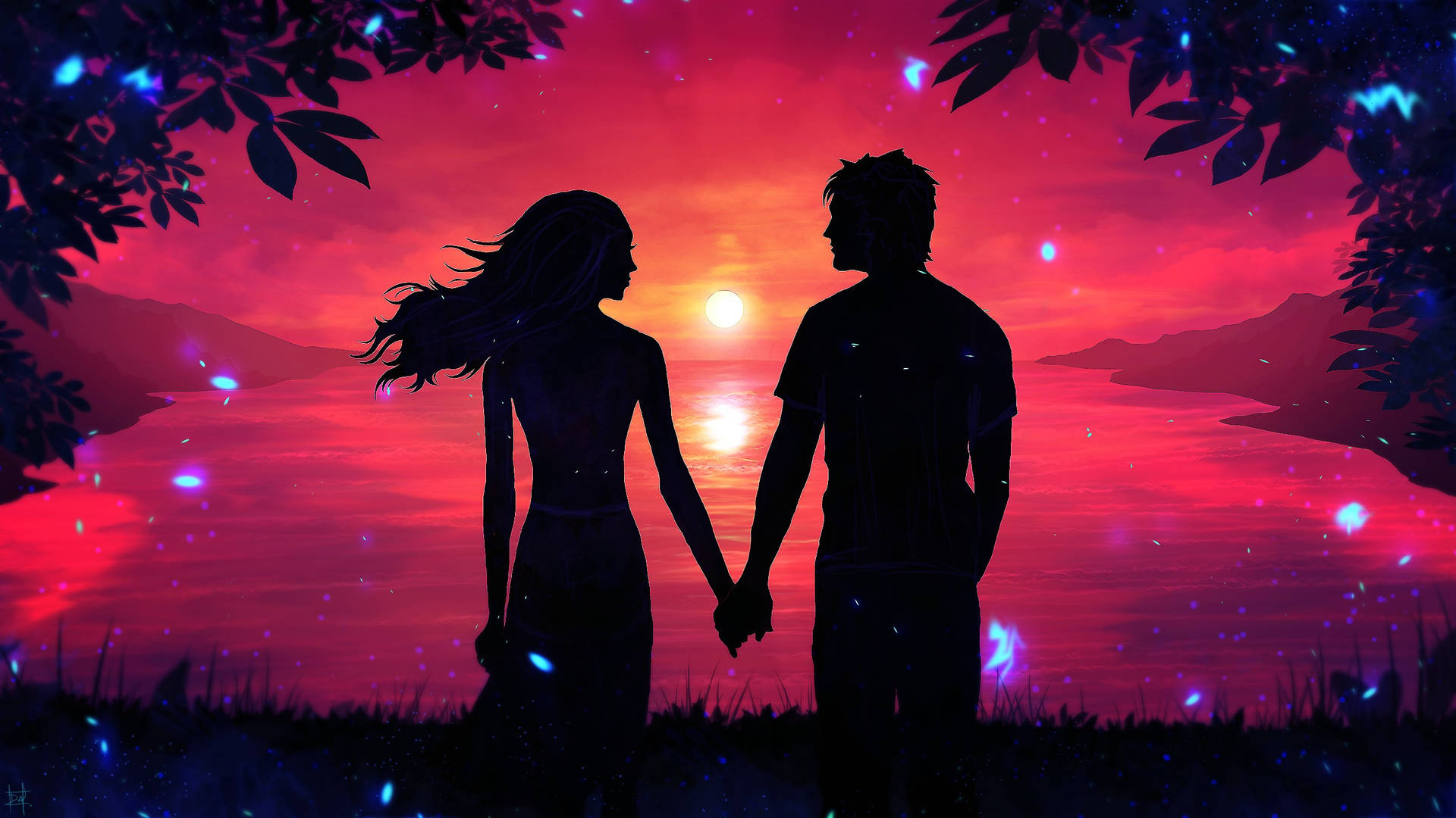 Holding Hands Sunset Love Art Wallpaper