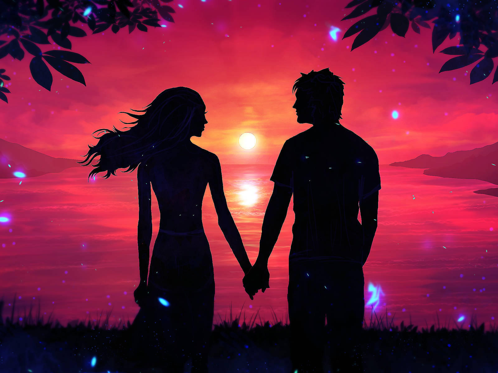 Holding Hands While Facing Sunset Silhouette Digital Art Wallpaper