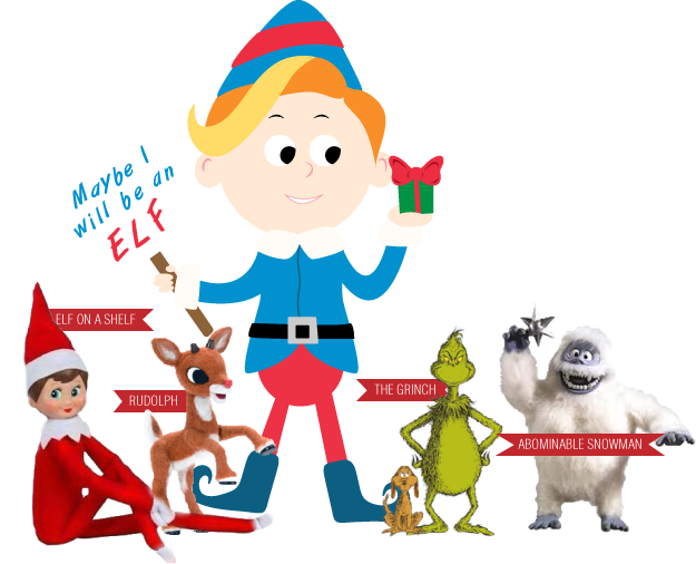 Holiday Characters With Elf On The Shelf PNG