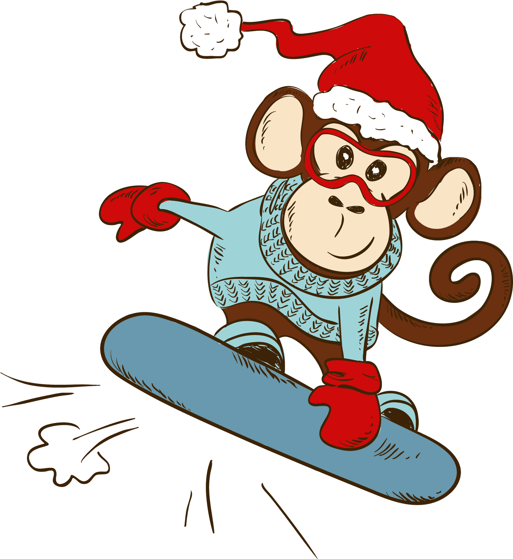 Holiday Monkey Snowboarding Cartoon PNG