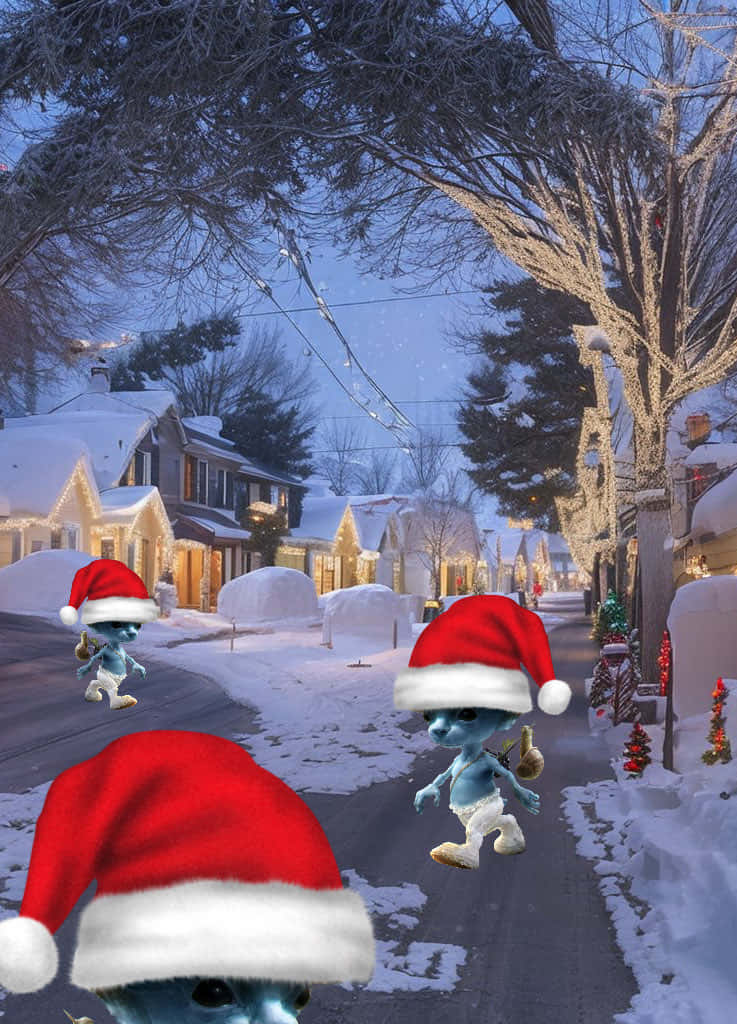 Holiday Smurf Cats Invade Snowy Street.jpg Wallpaper