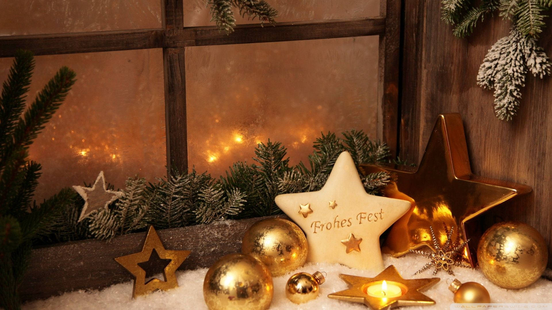 Holiday Window Gold Stars Wallpaper