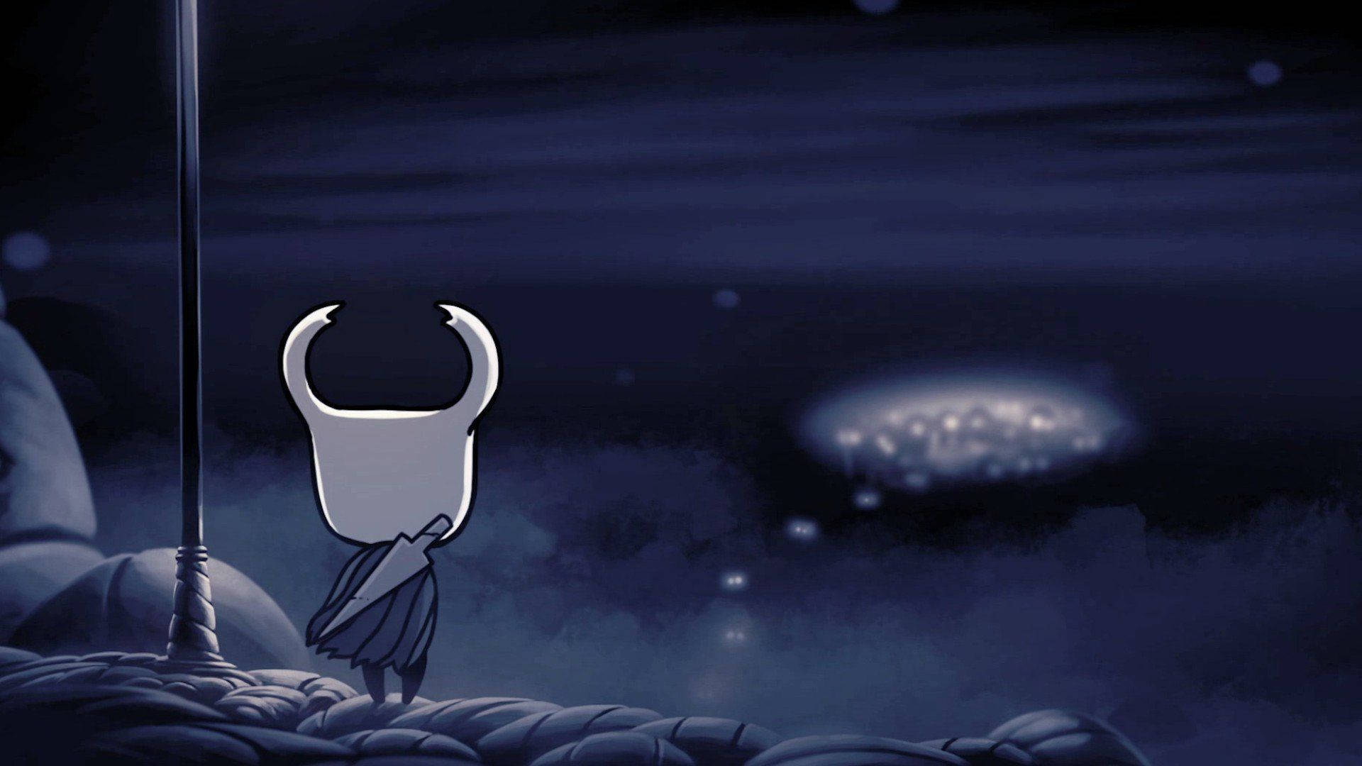 The lonely explorer, Hollow Knight, bravely journeys through a haunting subterranean kingdom Wallpaper