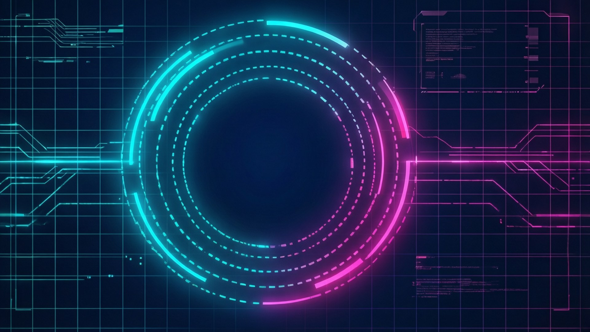 Sci-fi-taustakuva, jossa on holografisia katkoviivaympyröitä ja ruudukkoviivoja.