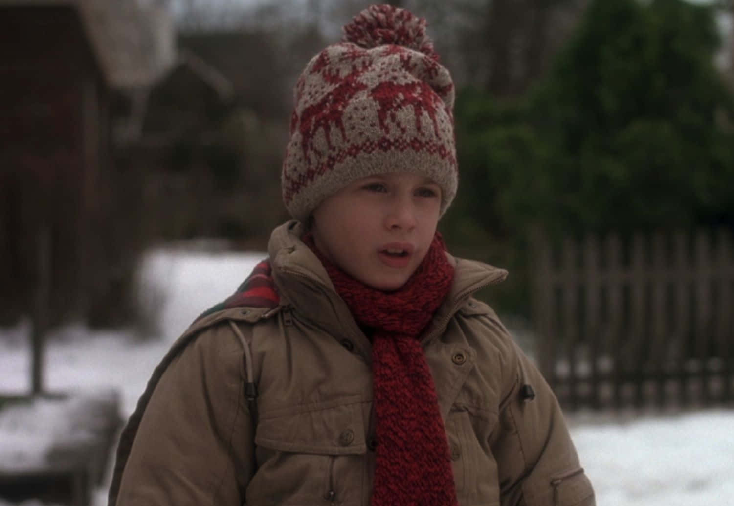 A Young Boy In A Red Hat And Scarf Standing In The Snow