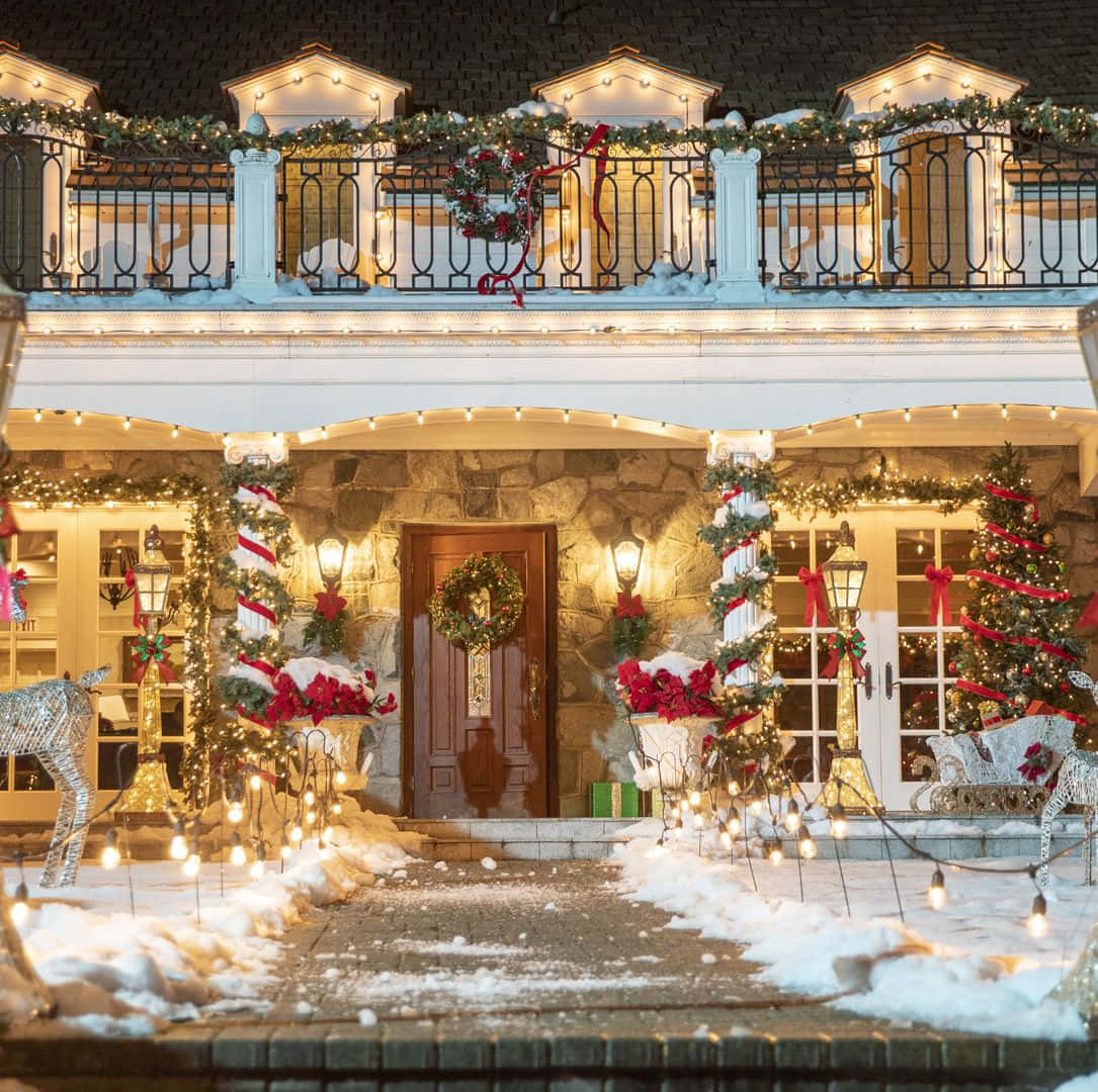 A House With Christmas Decorations And Lights On The Front Porch