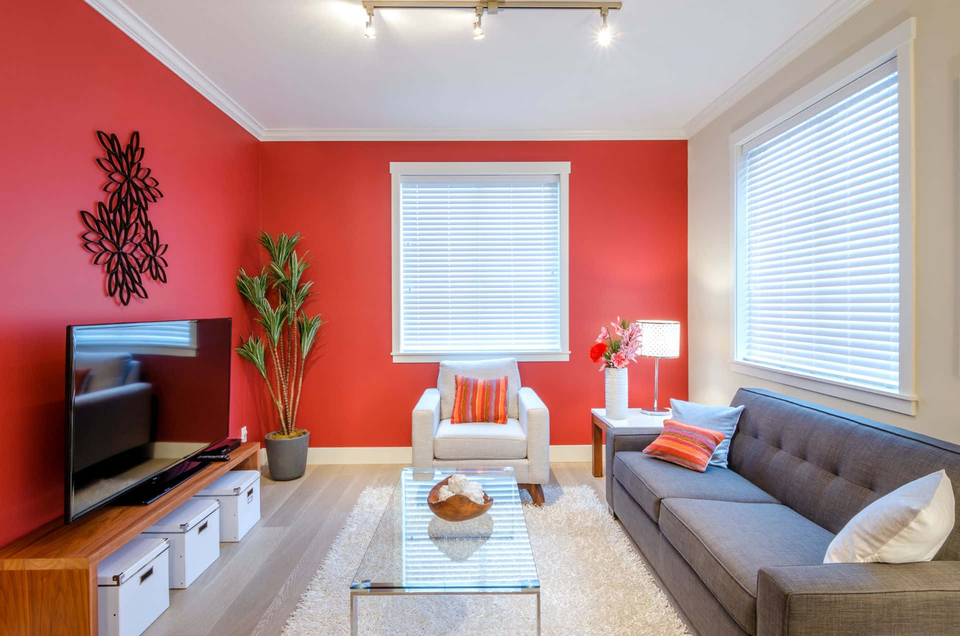 Home Interior Vibrant Red Themed Living Room Picture