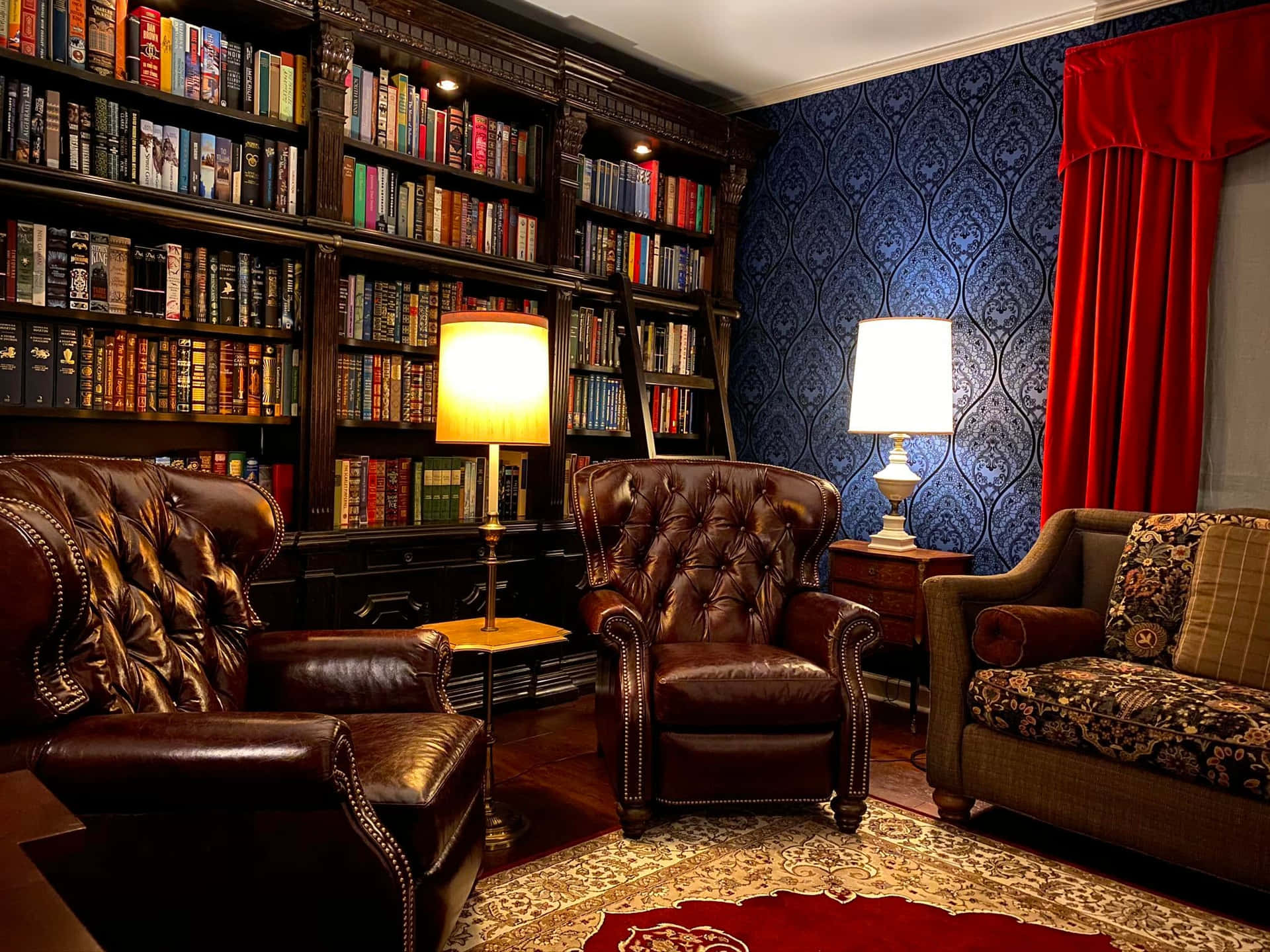 Home Library Lamp And Red Rug Wallpaper