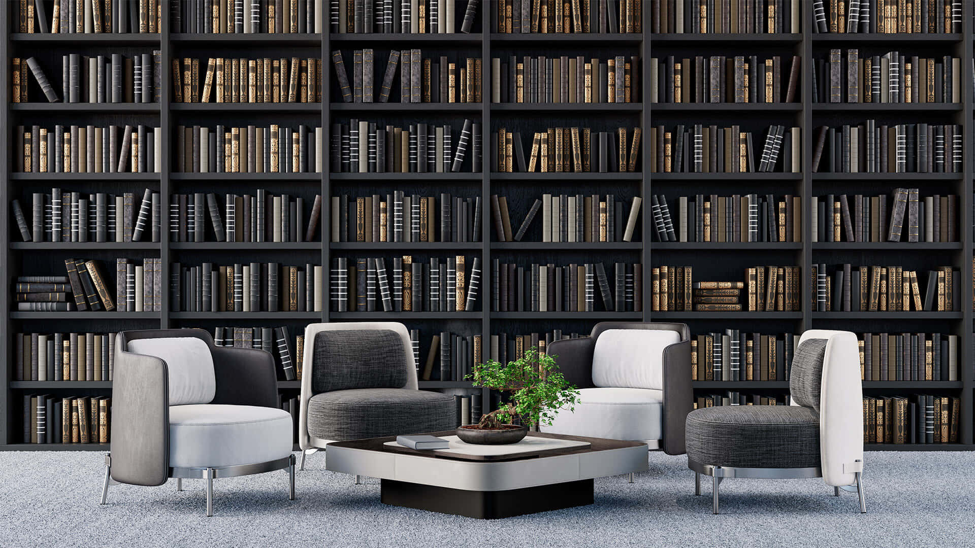 Et værelse med et bogskab fyldt med bøger Wallpaper