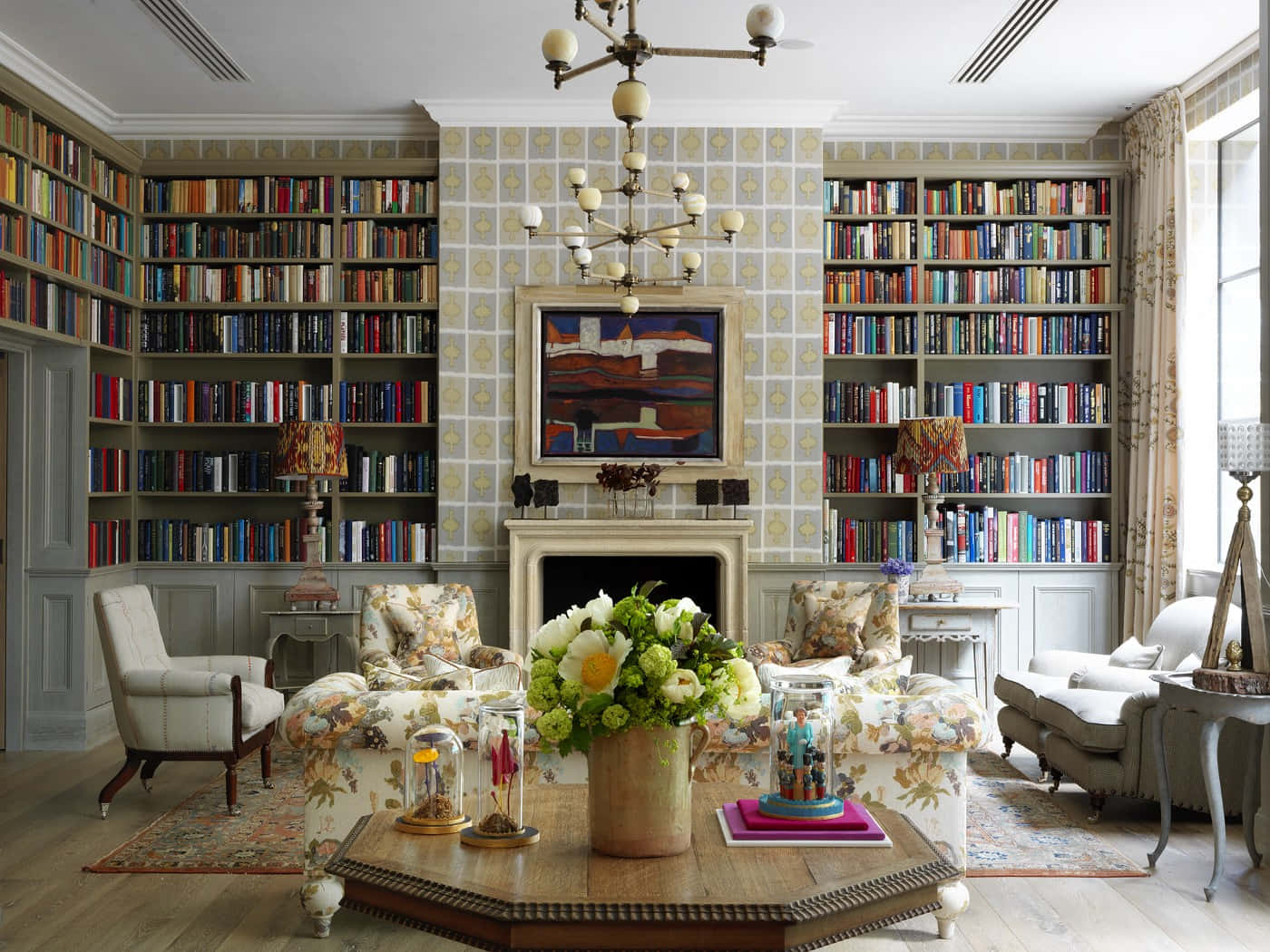Home Library Fireplace Living Room Wallpaper