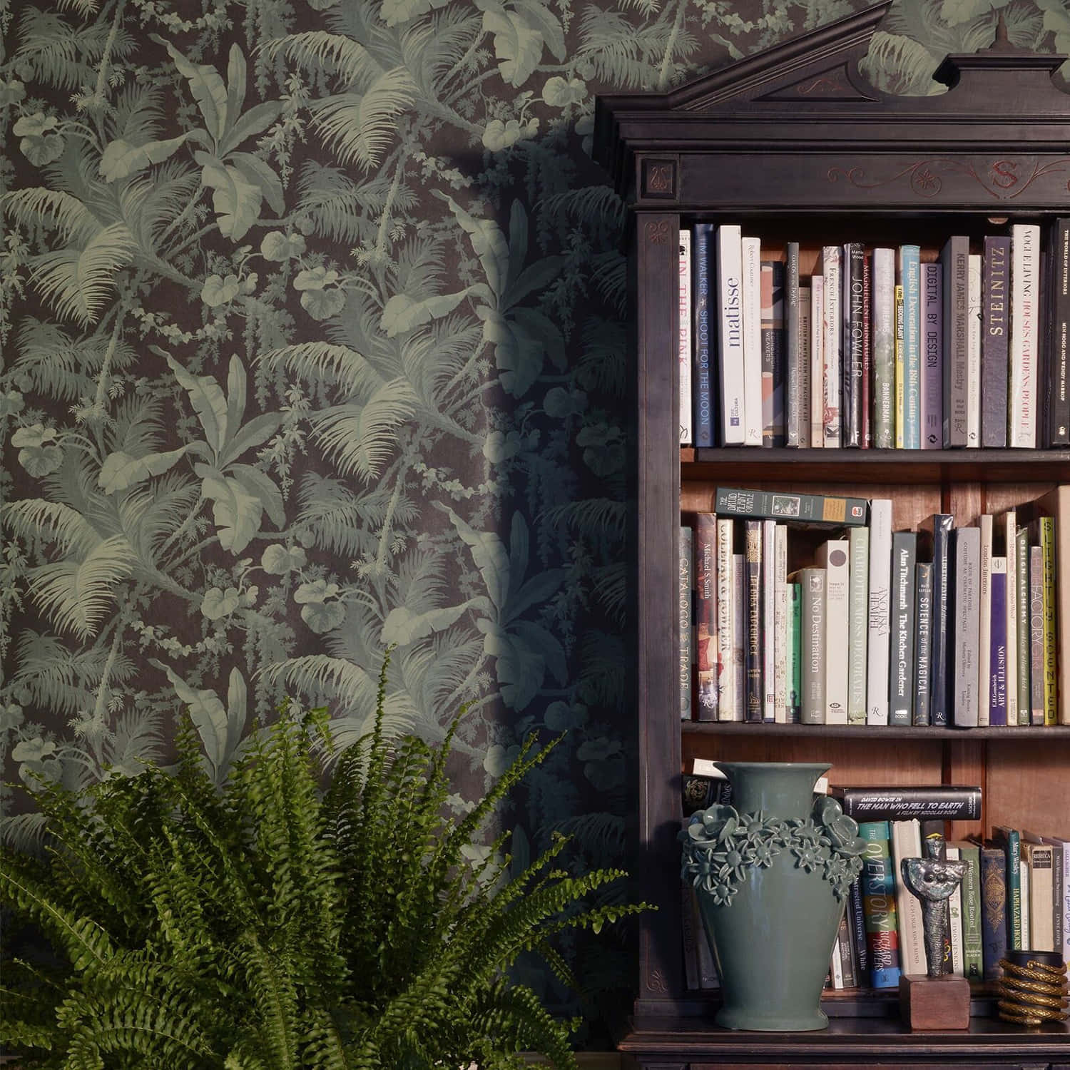 A Bookcase With A Plant On It And A Wallpaper Wallpaper