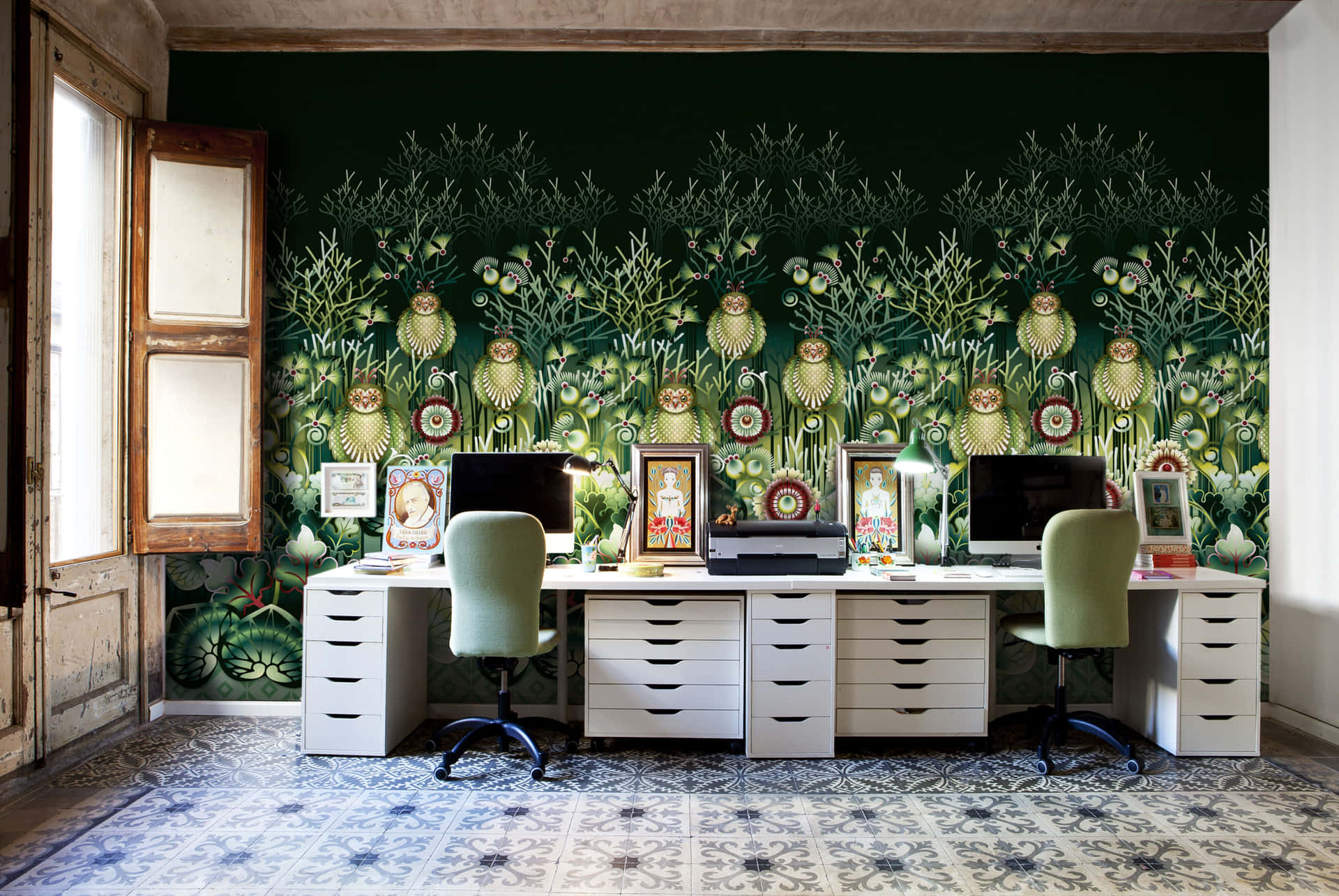 Home Office With Painted Green Walls Wallpaper