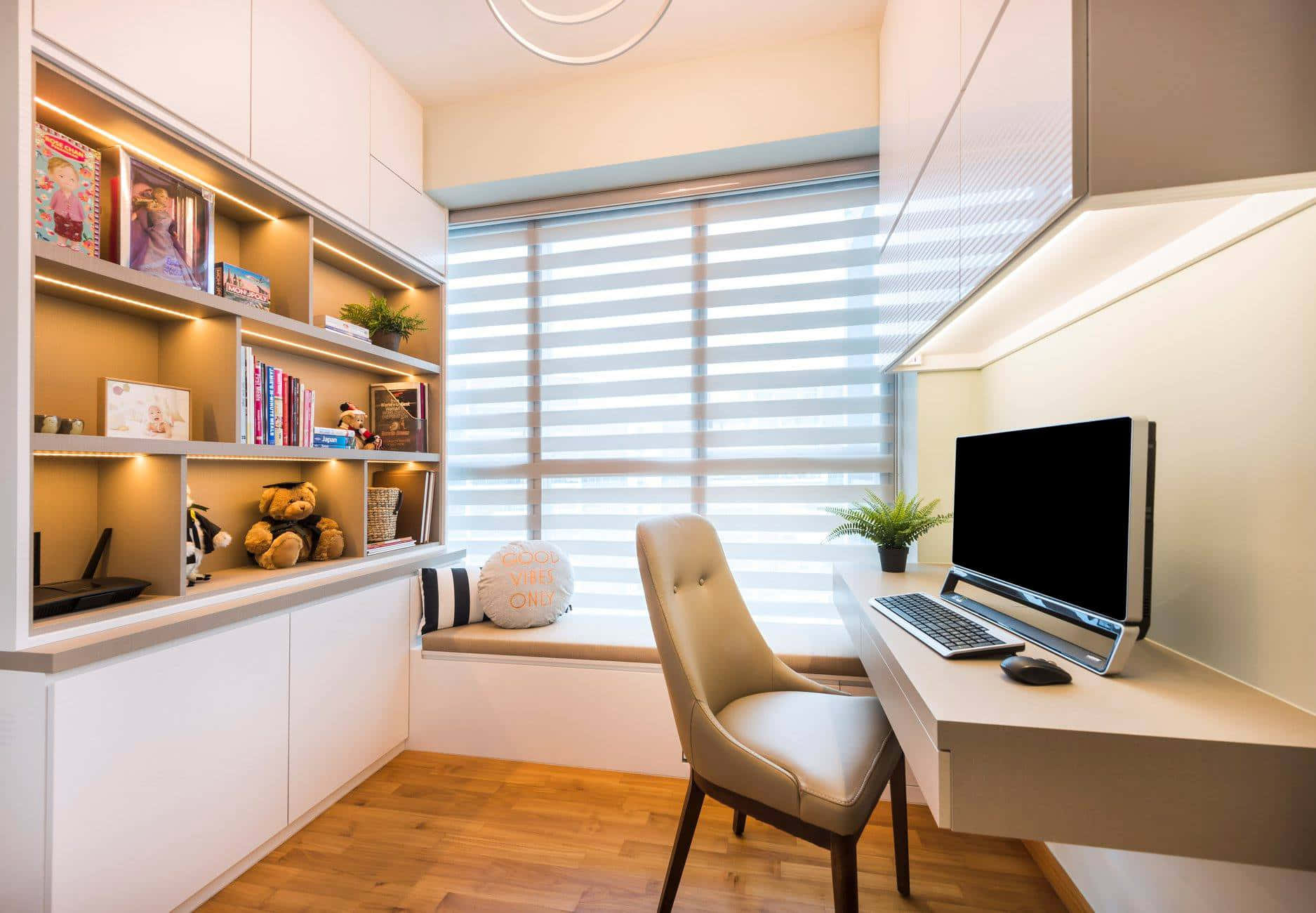 A White Home Office With A Desk And Chair