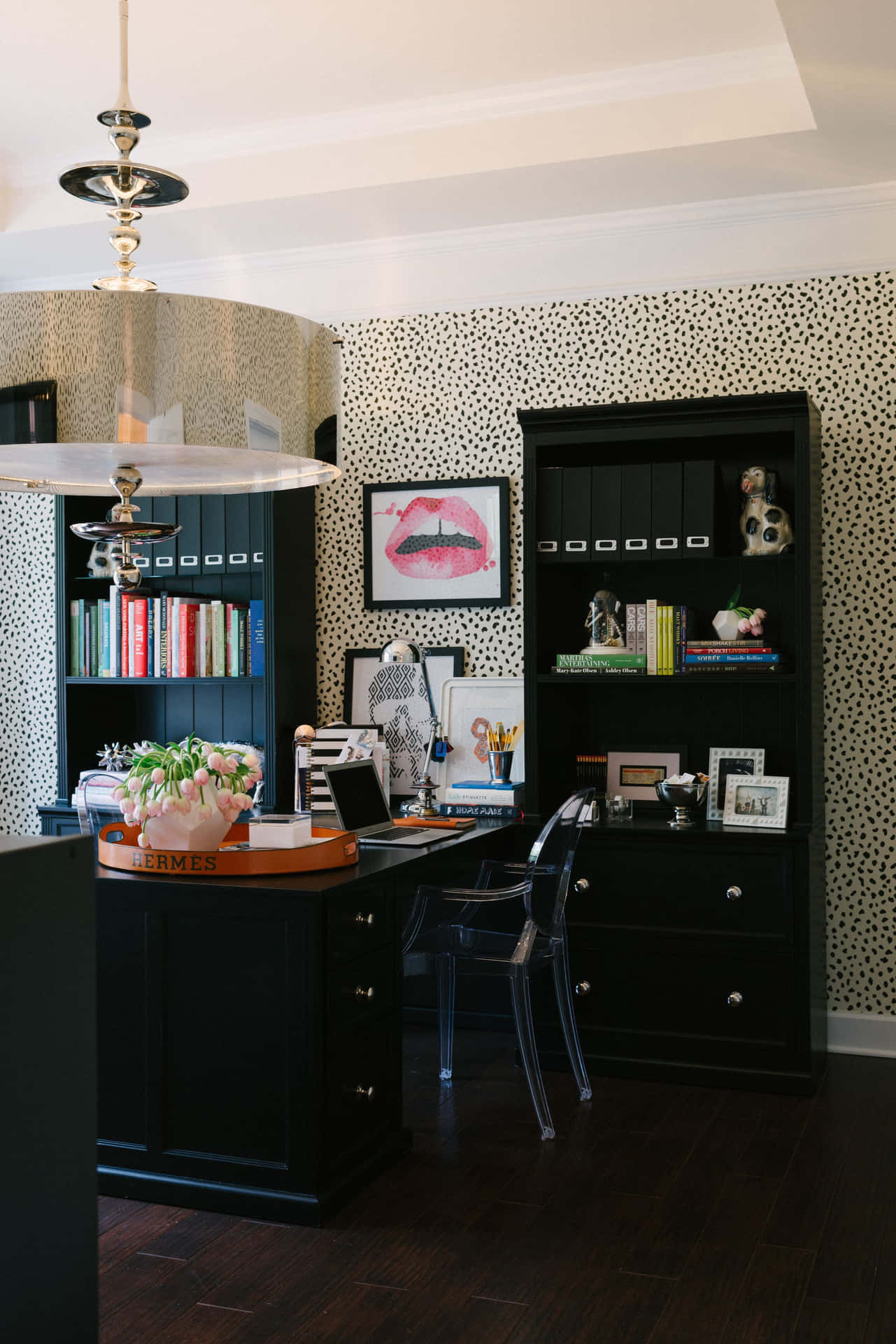 A Black And White Office With A Chandelier Wallpaper
