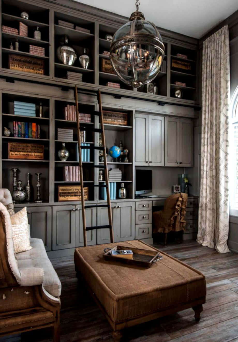 A Home Office With A Large Bookcase And A Ladder Wallpaper
