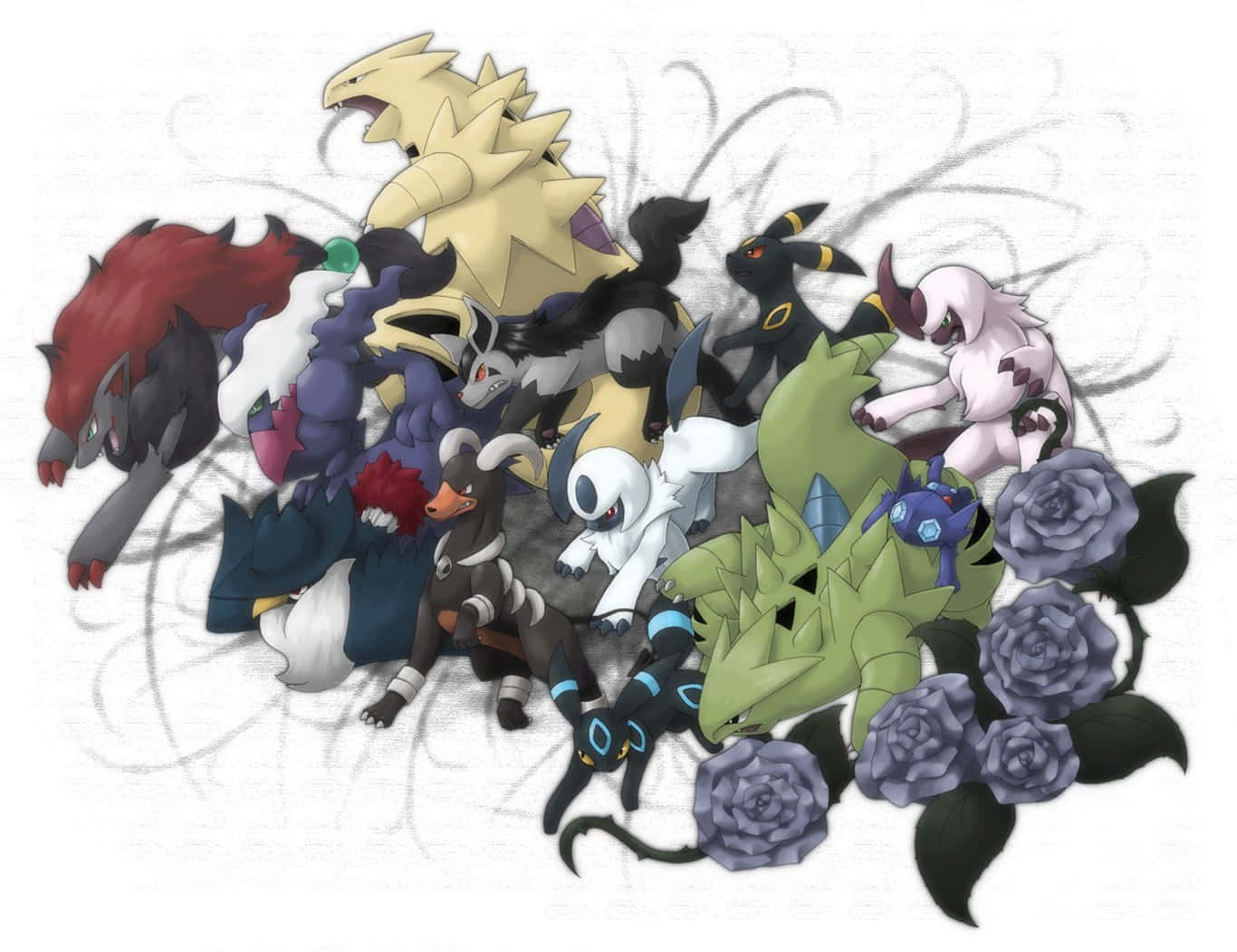 Honchkrow, Zoroark, Umbreon, andre Pokemon danser rundt om tapetet. Wallpaper