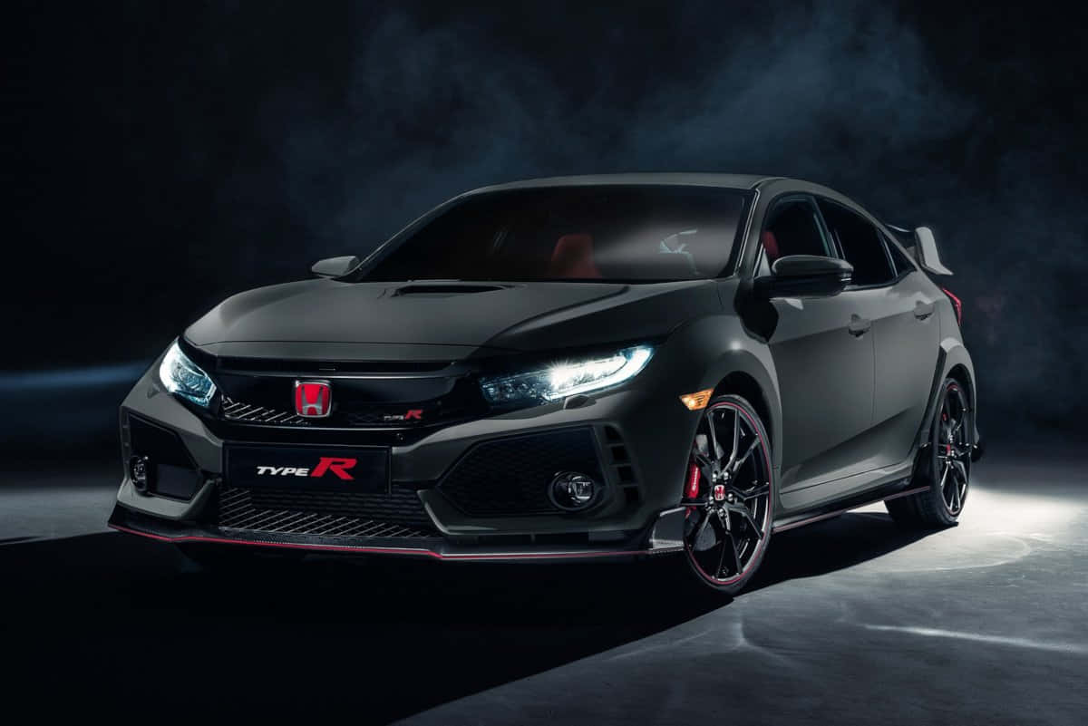 Den 2019 Honda Civic Type R vises i et mørkt rum. Wallpaper