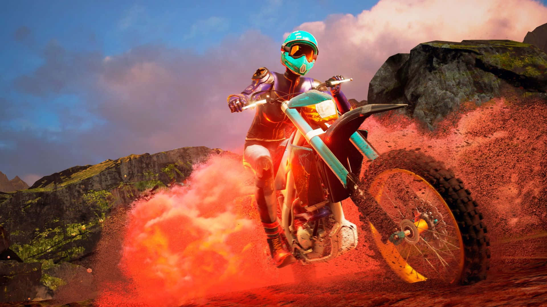 Unhombre Conduciendo Una Moto De Motocross A Través De Un Polvo Rojo Fondo de pantalla
