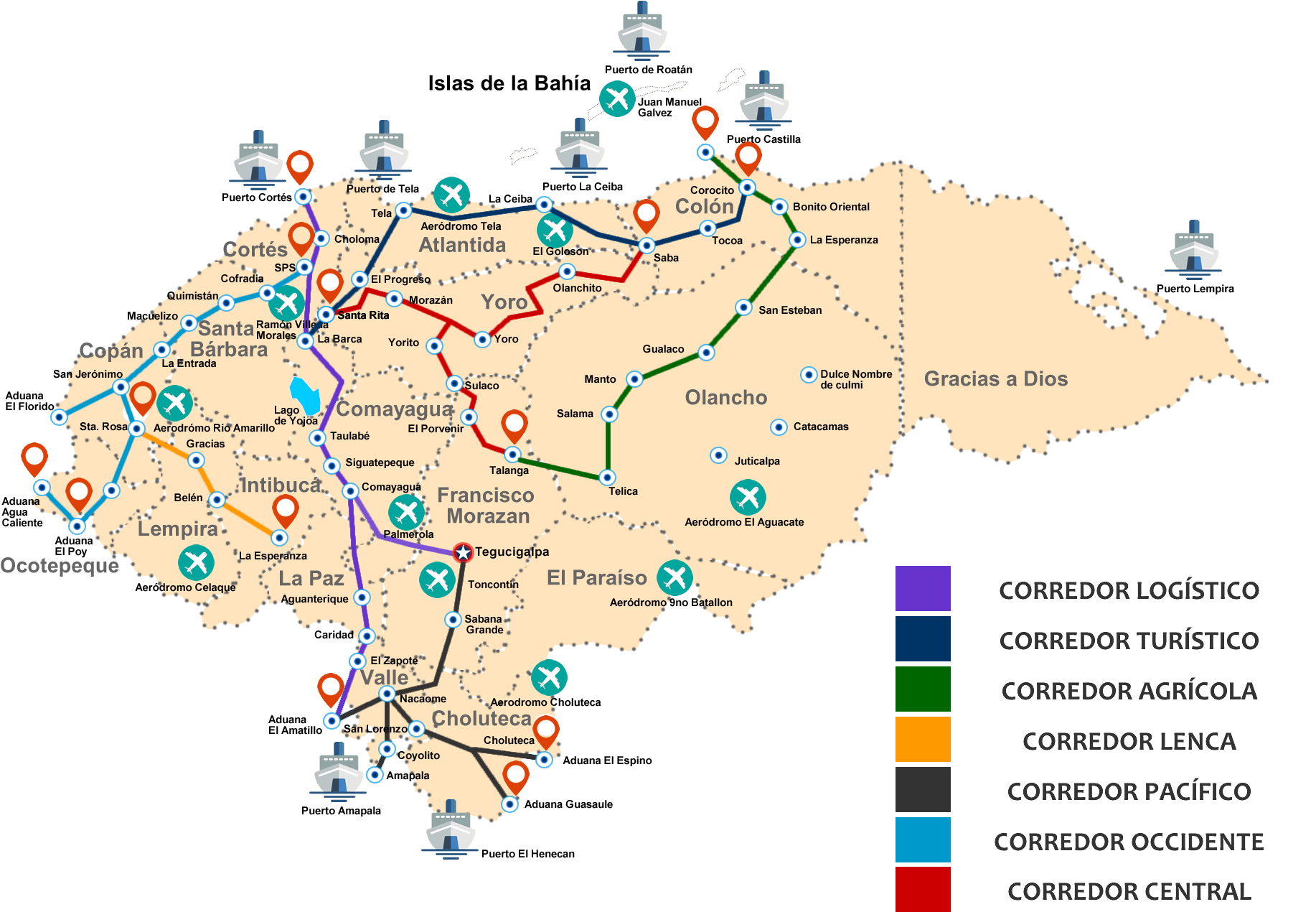 Honduras Infrastructure Corridors Map PNG