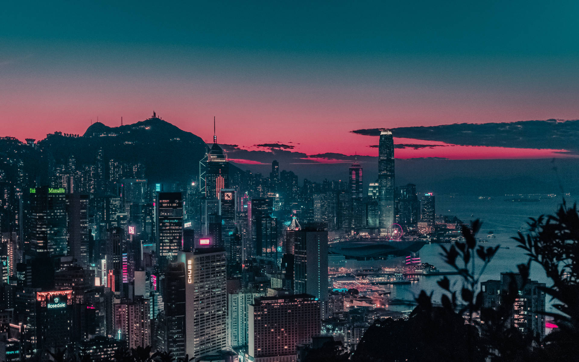 Hongkong Rosa Verde Escuro Céu. Papel de Parede