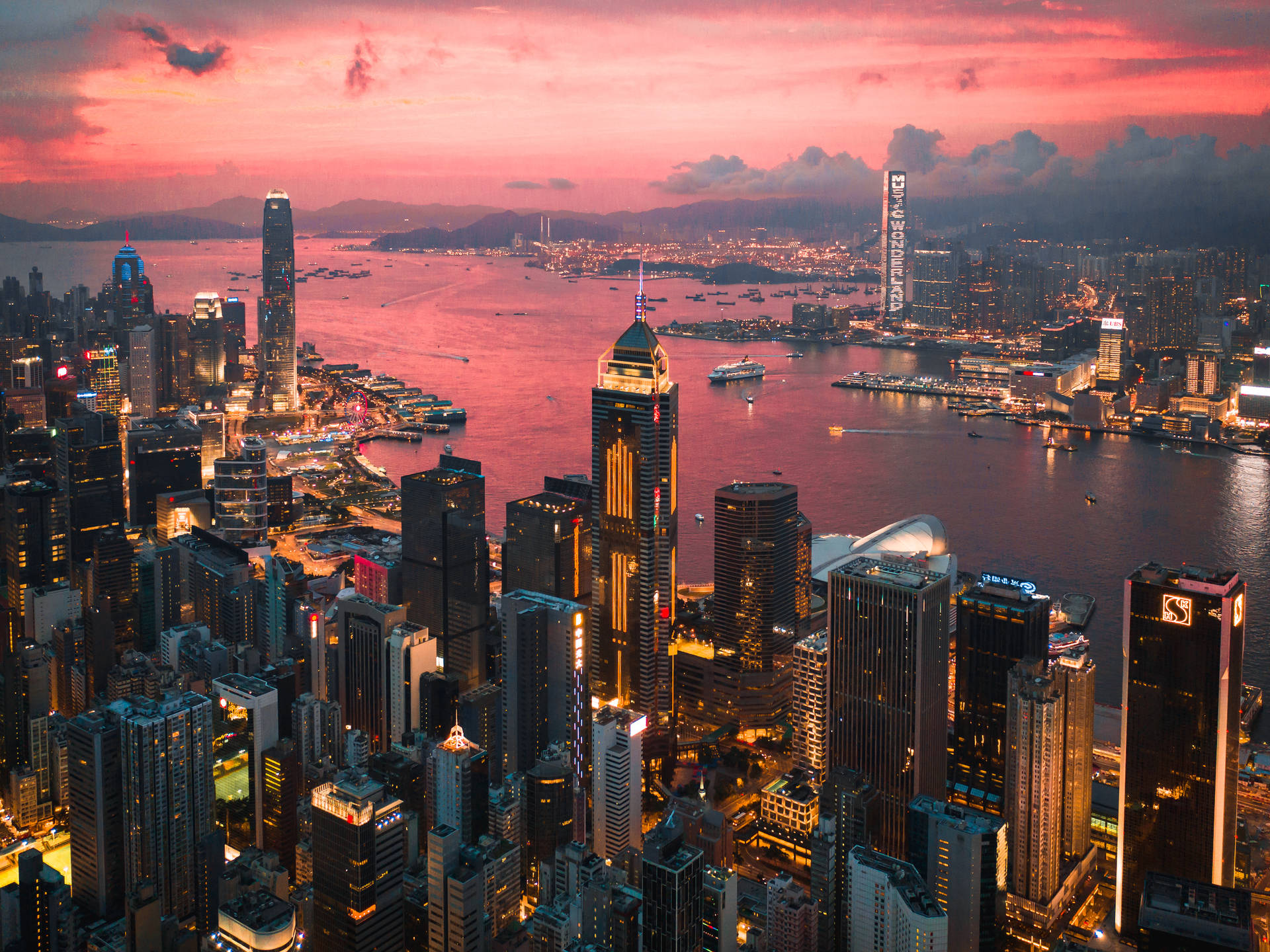 Hongkong Victoria Harbour Pink Sky Wallpaper