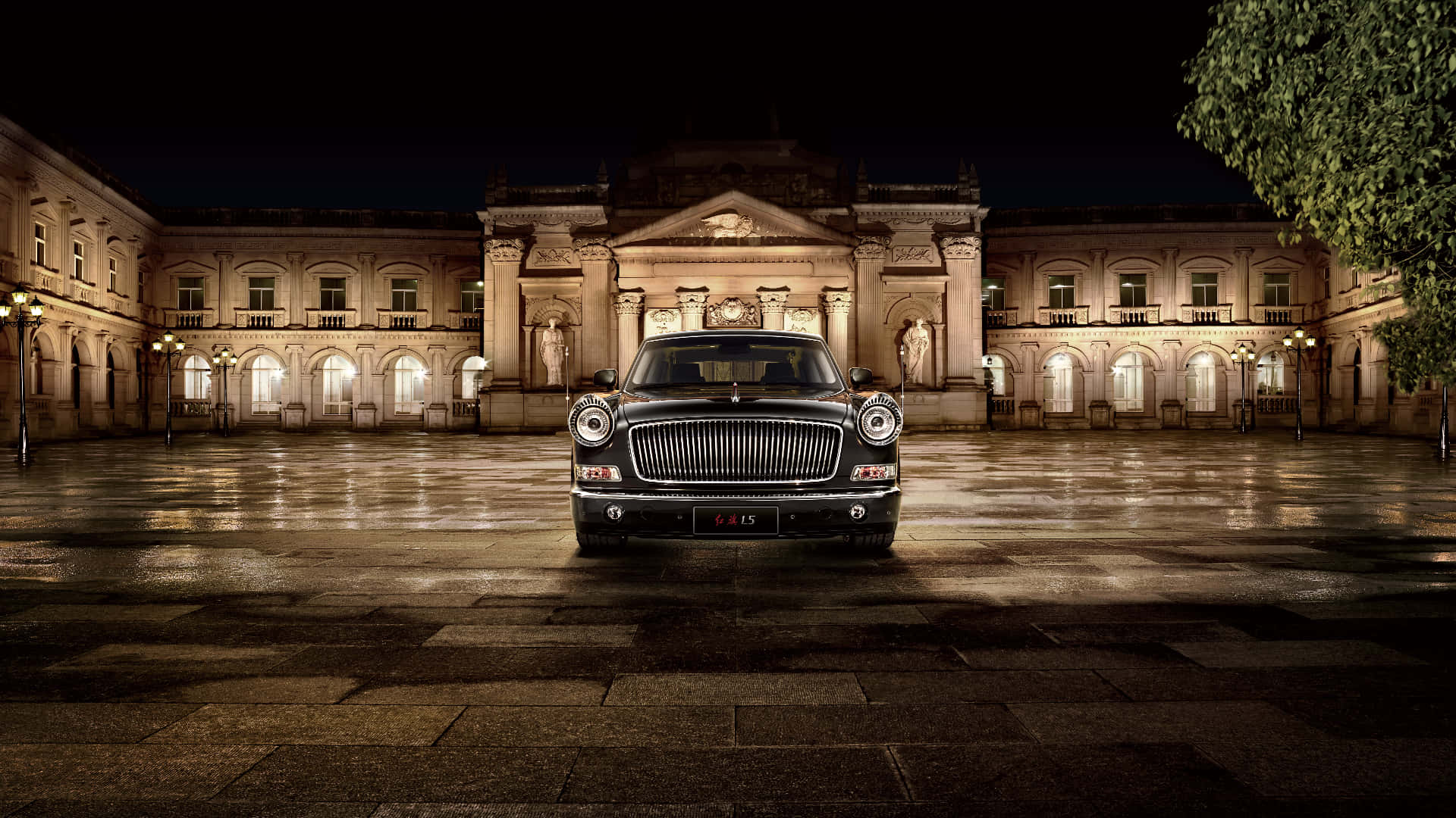 Sleek Red Hongqi Luxury Car Showcased in a Stunning Cityscape Wallpaper