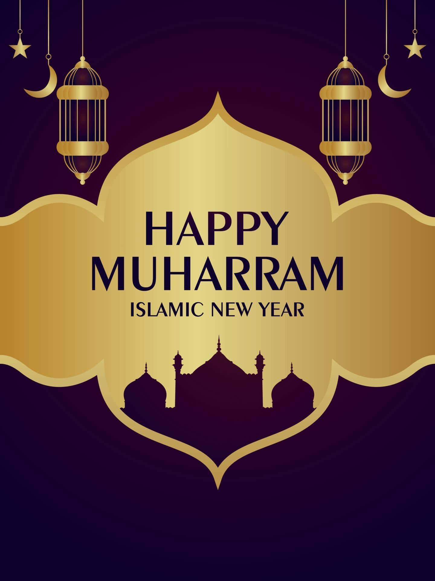 Honoring Muharram - Vibrant Crescent Moon And Mosque Wallpaper