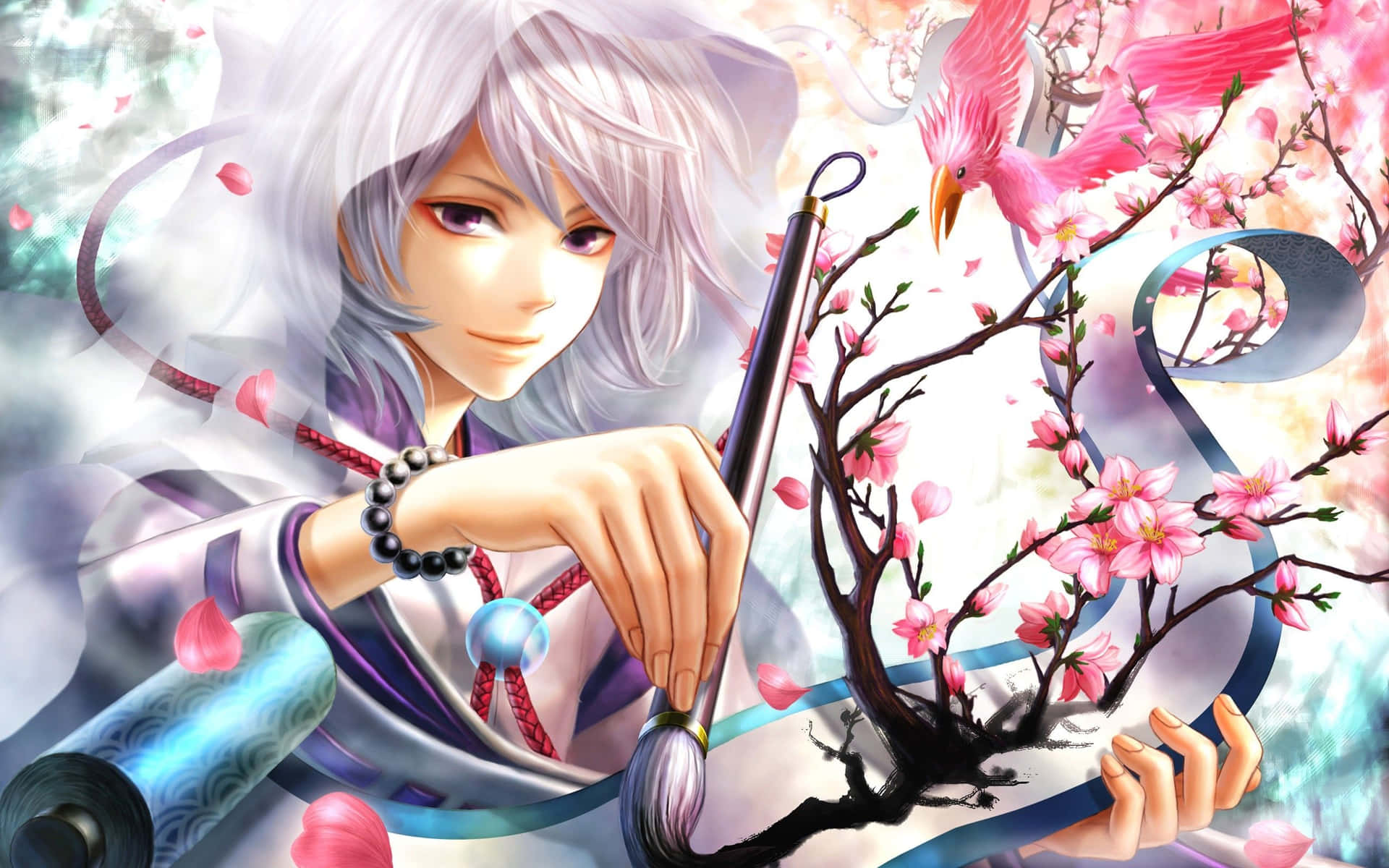 A Girl With White Hair And Pink Flowers Holding A Brush Wallpaper