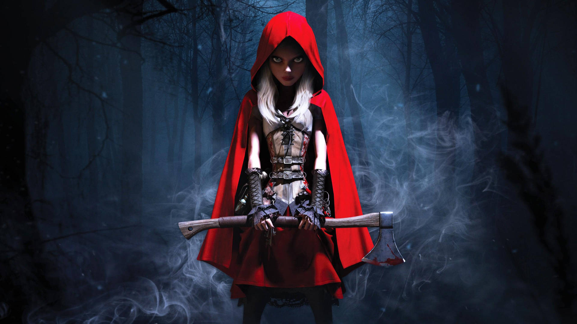 En pige i rød ræv med et sværd i skoven Wallpaper