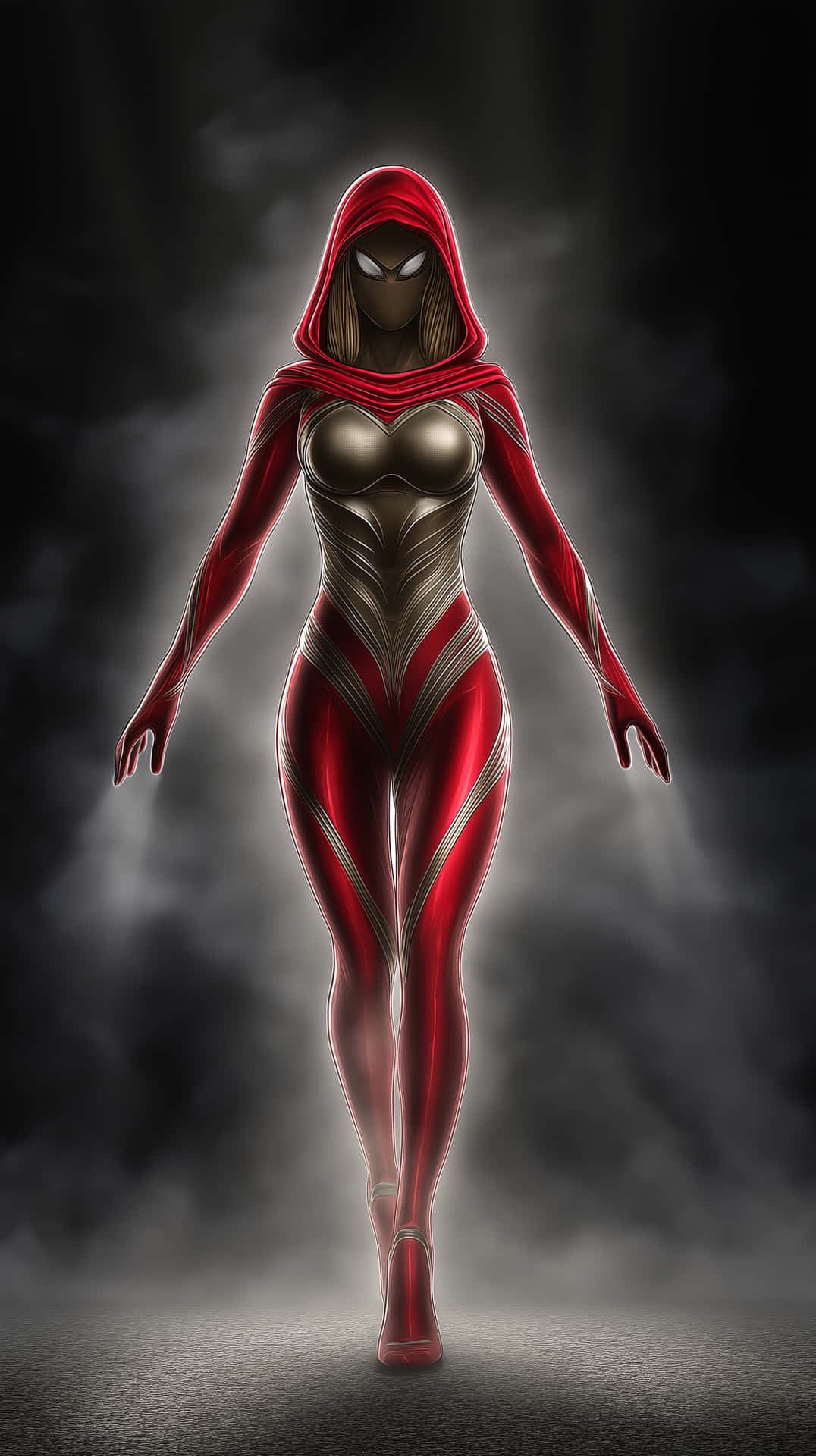 Hooded Figure In Form-fitting Ensemble Emerging From Mist Wallpaper