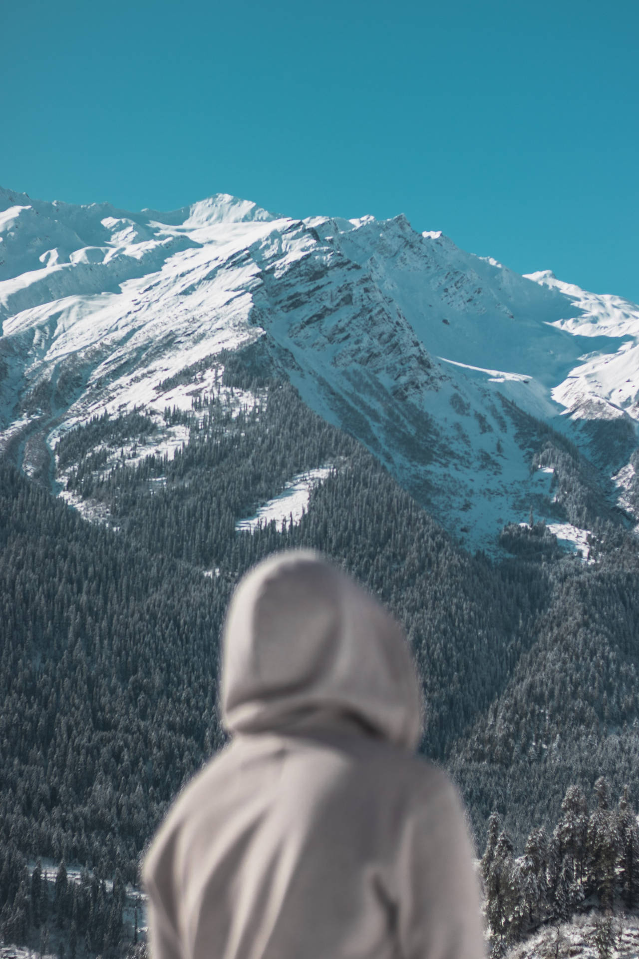 Hooded Figure Profile Facing A Snow Mountain Wallpaper