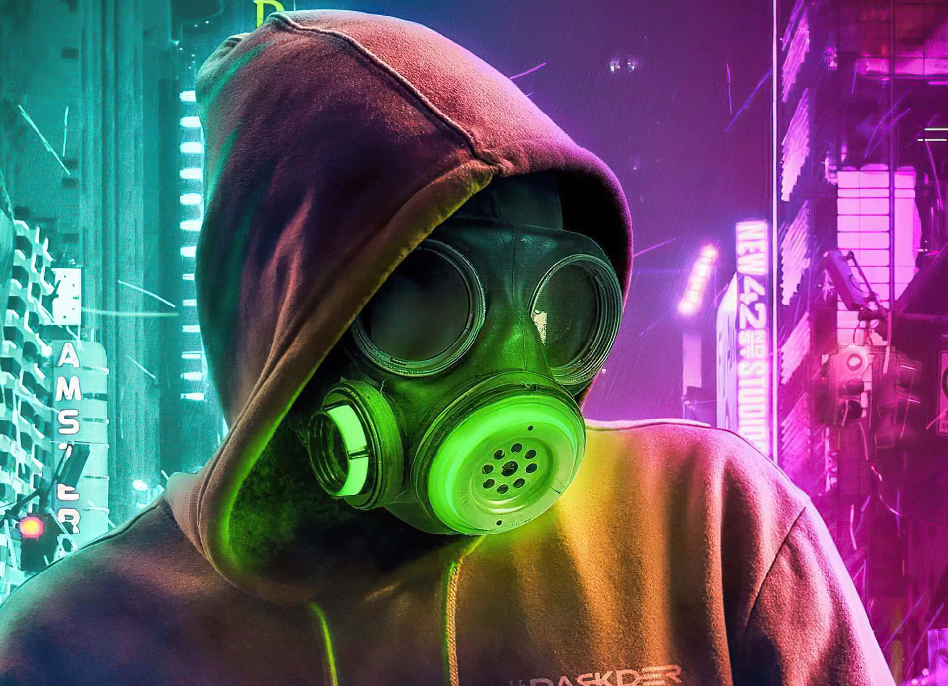 Figur Berkepala Dalam Topeng Gas Di Setting Cyberpunk Wallpaper