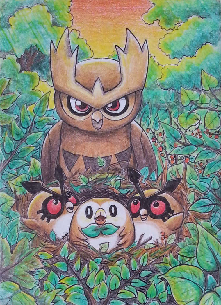 Hoothoot, Rowlet og Noctowl Pokémon tapeter Wallpaper