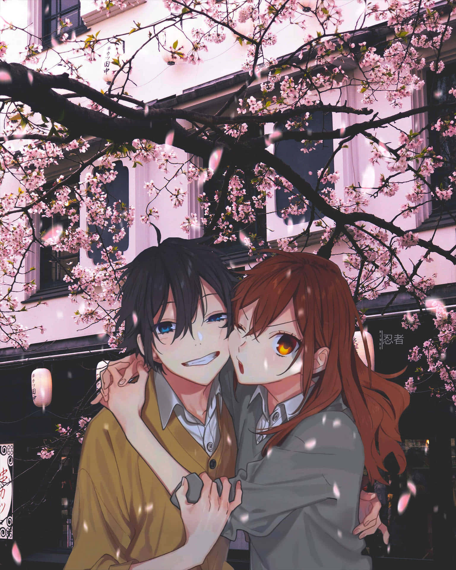 two anime characters hugging under a cherry blossom tree