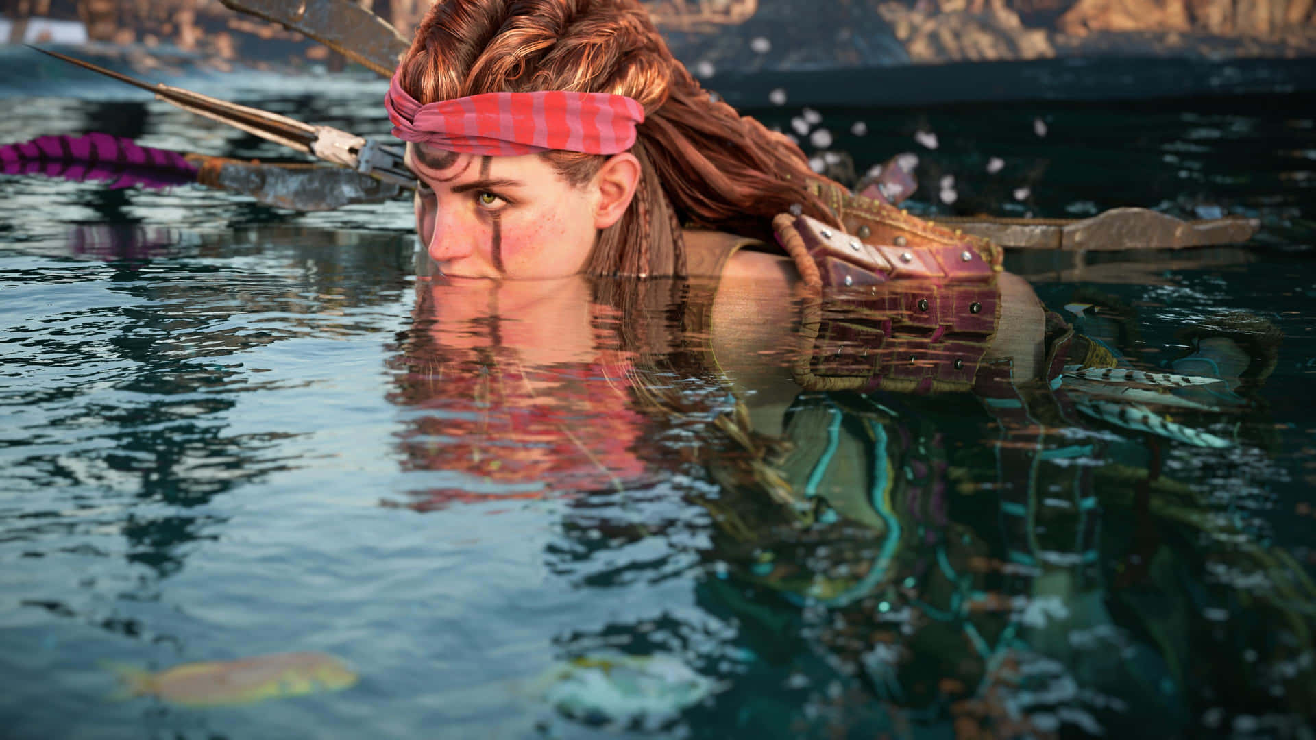 Unamujer Está Nadando En El Agua Con Una Espada. Fondo de pantalla