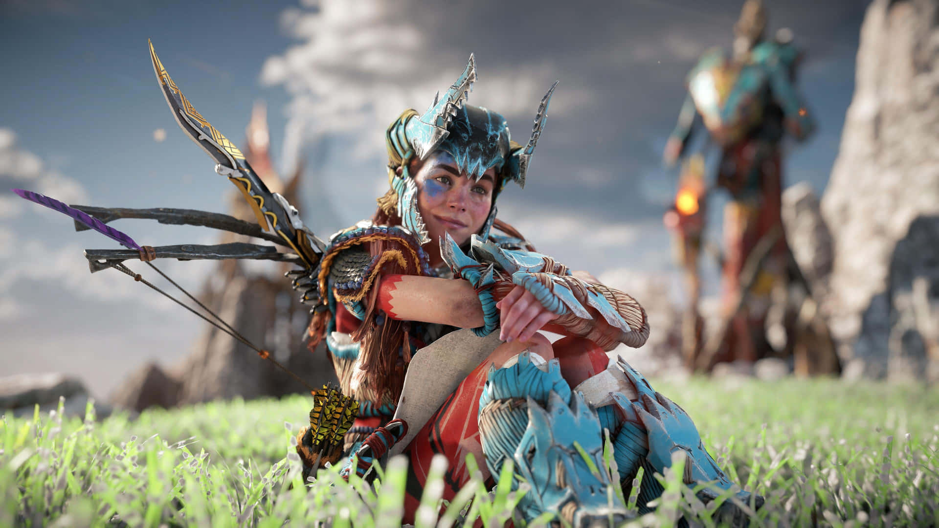 A Woman In A Fantasy Costume Sitting On A Grassy Field Wallpaper