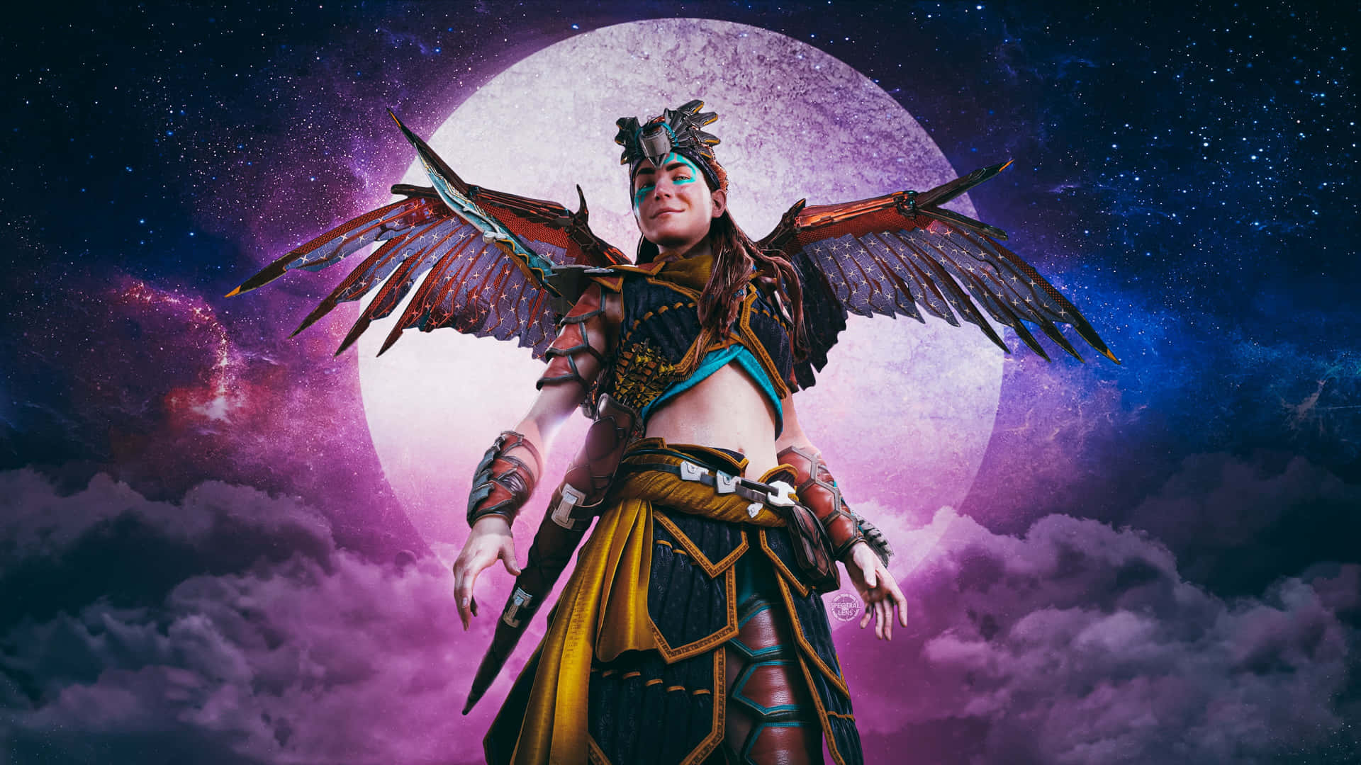 A Woman With Wings Standing In Front Of A Moon Wallpaper