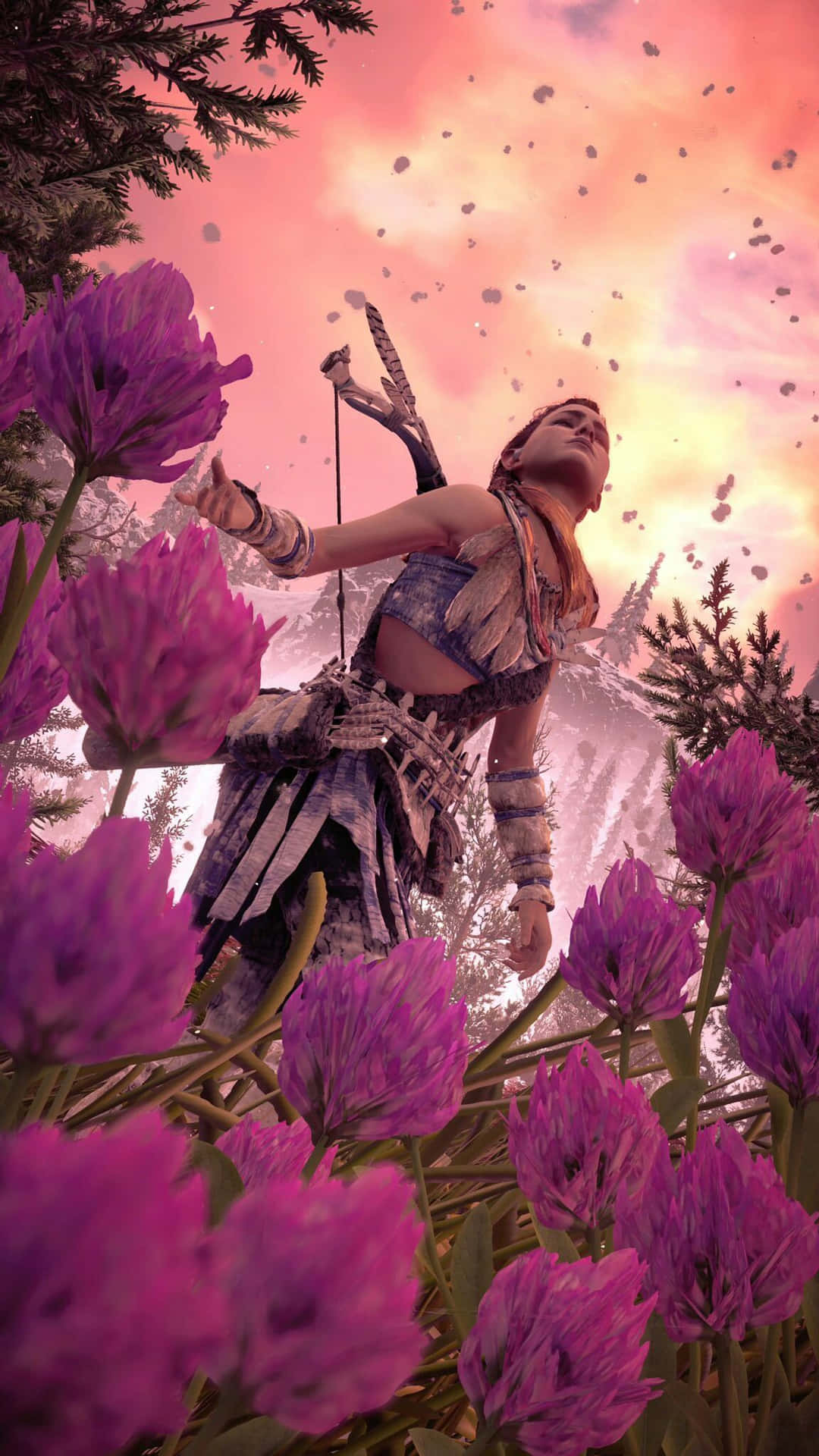 En kvinde står i en mark af lilla blomster Wallpaper