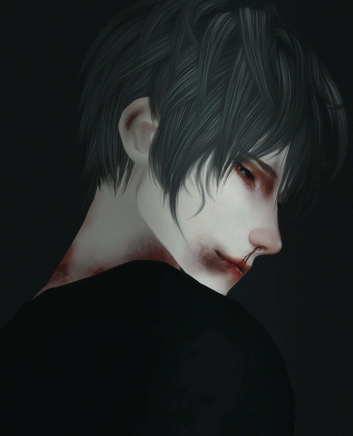 A surreal horror anime boy stares from a dark world. Wallpaper