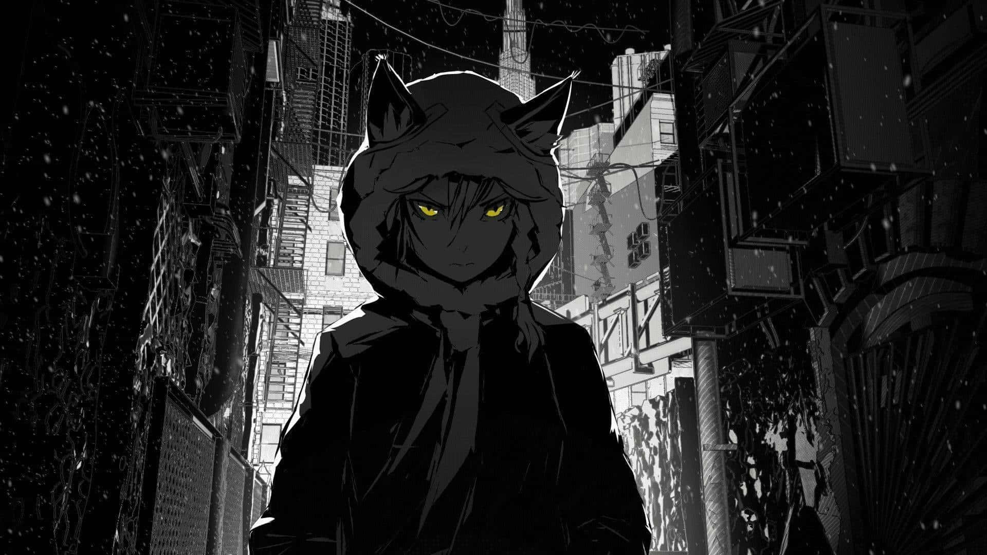 Intimidating anime boy with glowing red eyes in a horror setting. Wallpaper