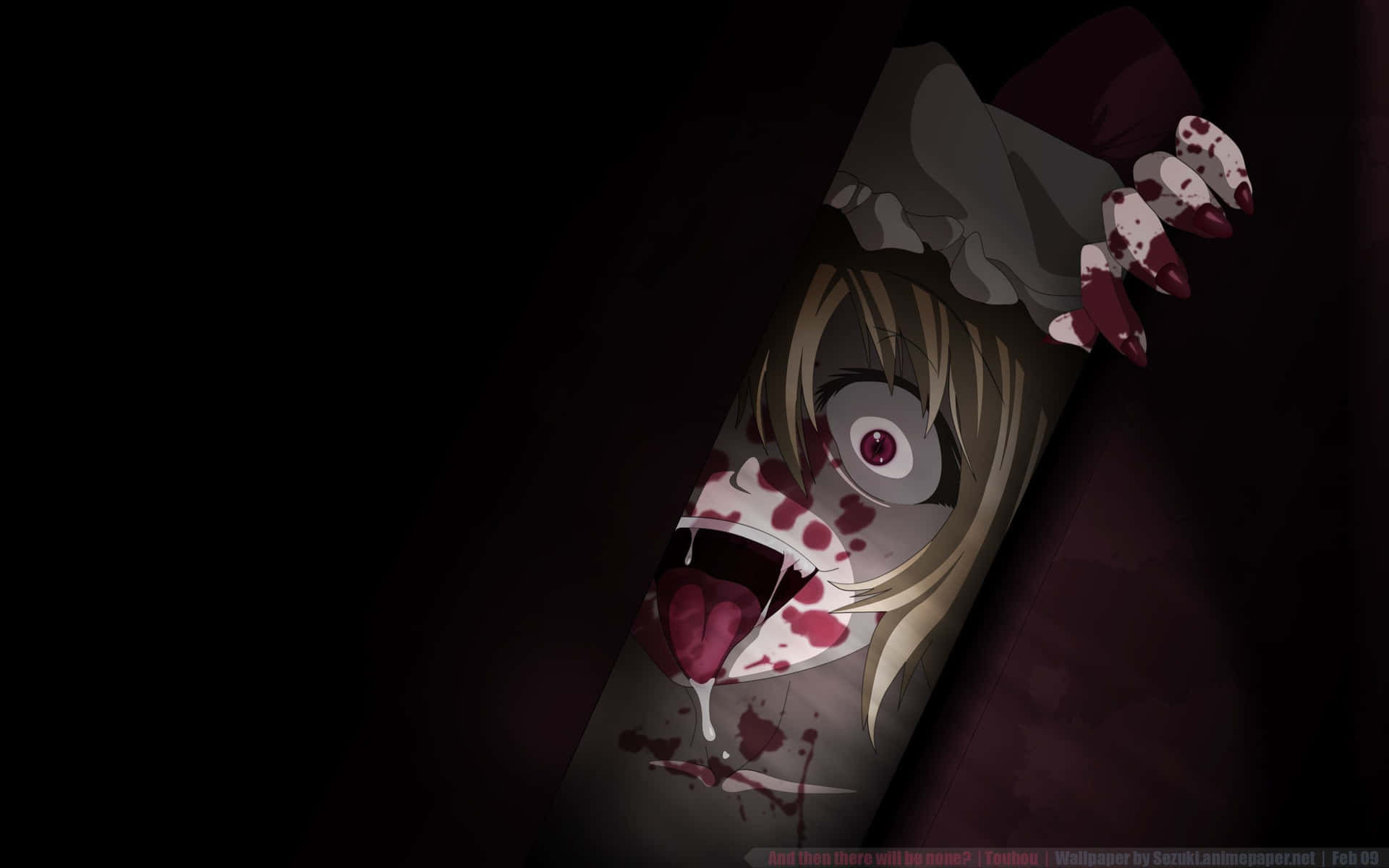 a girl with bloody eyes peeking out of a dark room Wallpaper