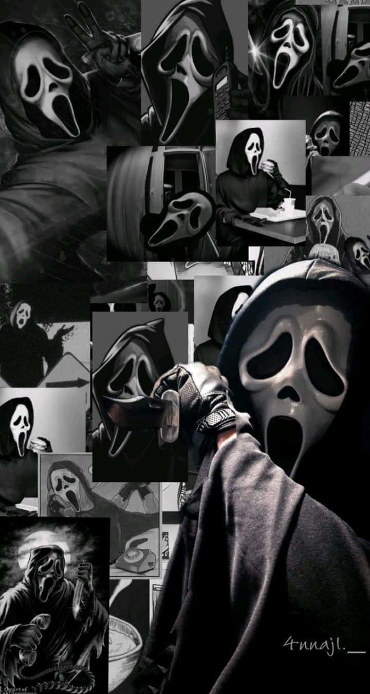 A Collage Of Pictures Of A Scream Mask Wallpaper